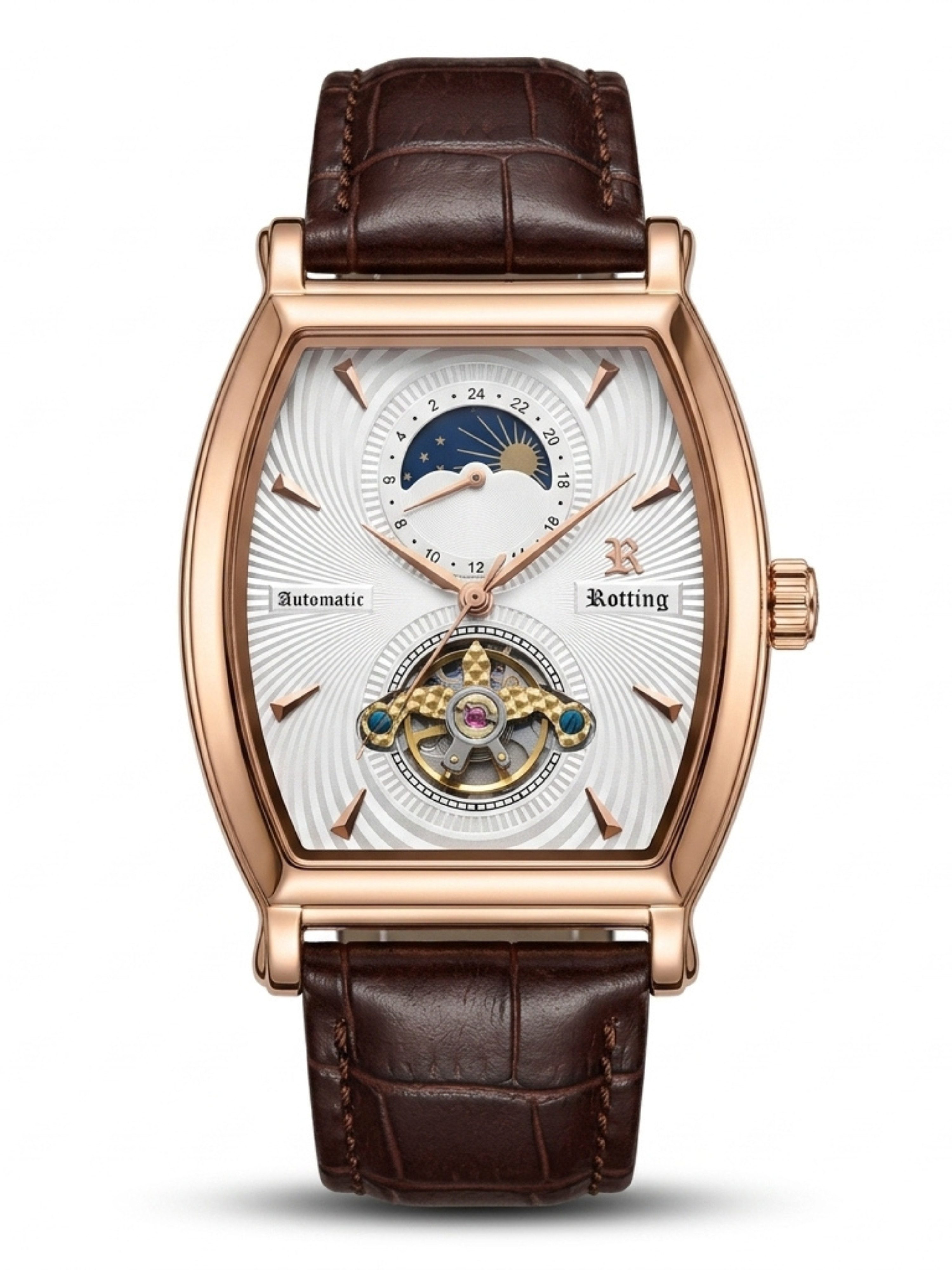 Rötting Design Automatikuhr Herren - offene Unruhe & Glasboden - Herrenuhr Automatik - Armbanduhr, Goldrosefarbenes Gehäuse - Lederarmband, mechanisch 24h Anzeige