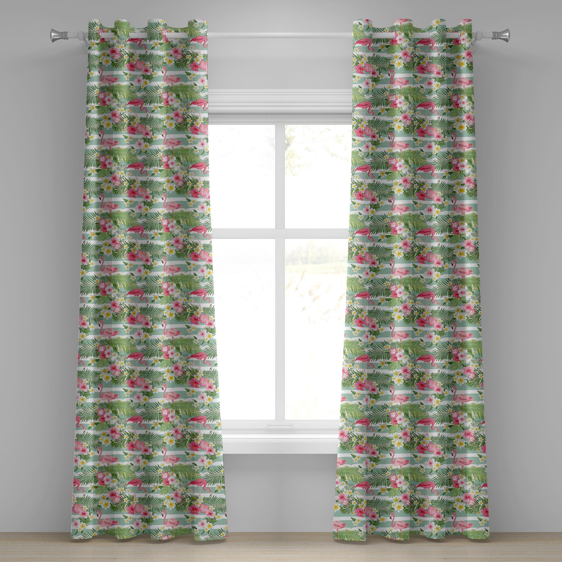 Gardine Dekorative 2-Panel-Fenstervorhänge für Schlafzimmer Wohnzimmer, Abakuhaus, Flamingo Exotische Hawaii-Blatt