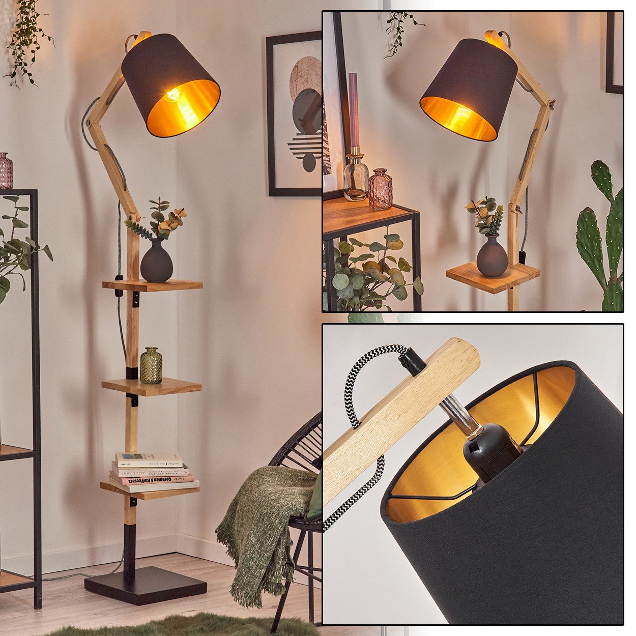 Stehlampe Stehlampe aus Holz/Metall/Stoff in Natur/Schwarz-Gold