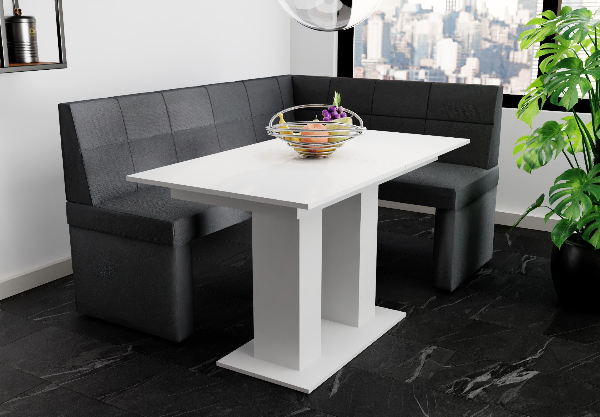 Weiß 168x128cm Größe Möbel „BLAKE“ matt, mit Tisch Fun Eckbankgruppe Tisch ausziehbarer Eckbankgruppe