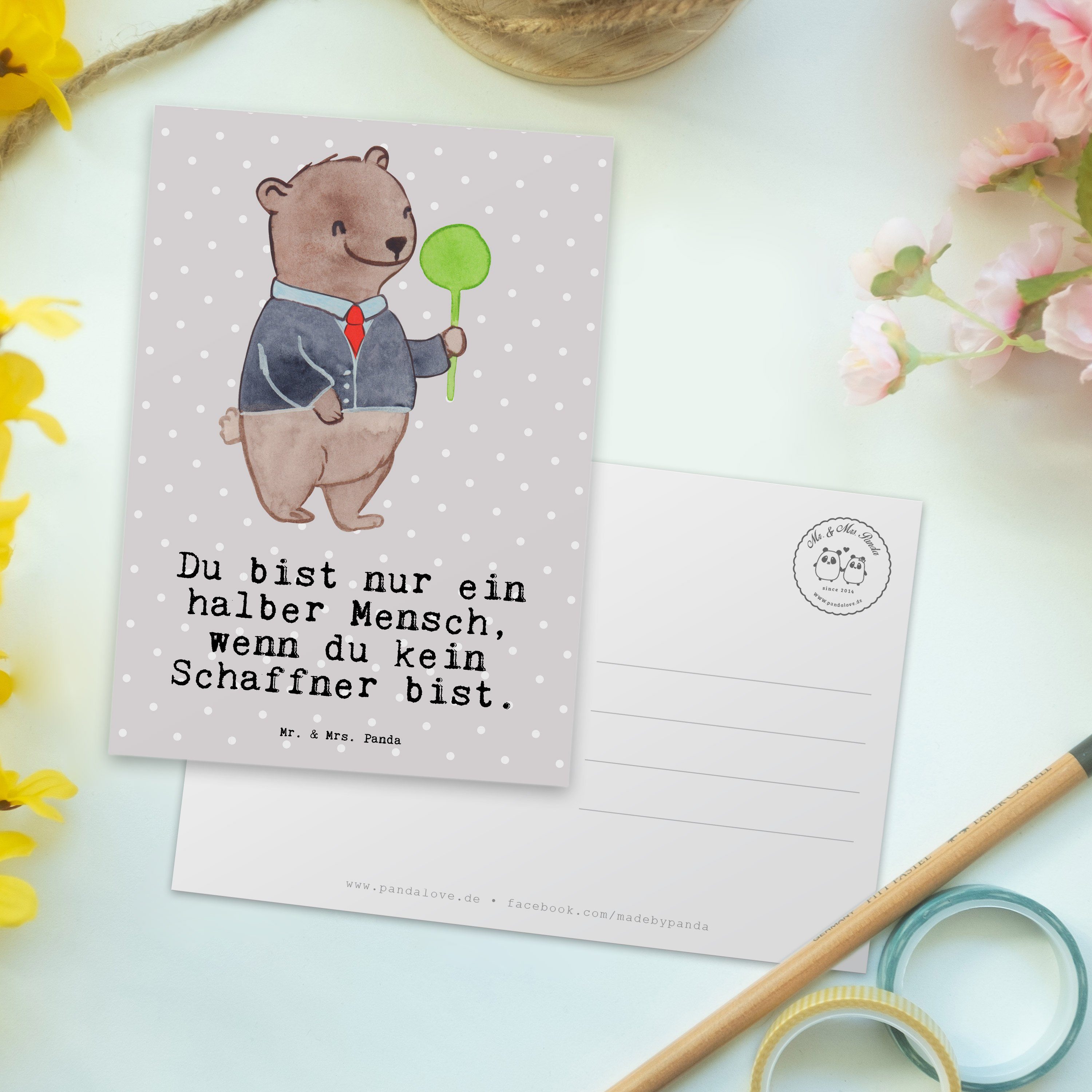 Mr. & Mrs. Panda Pastell Dankeskarte, Herz Geschenk, Schaffner - Ansichtska - Postkarte mit Grau