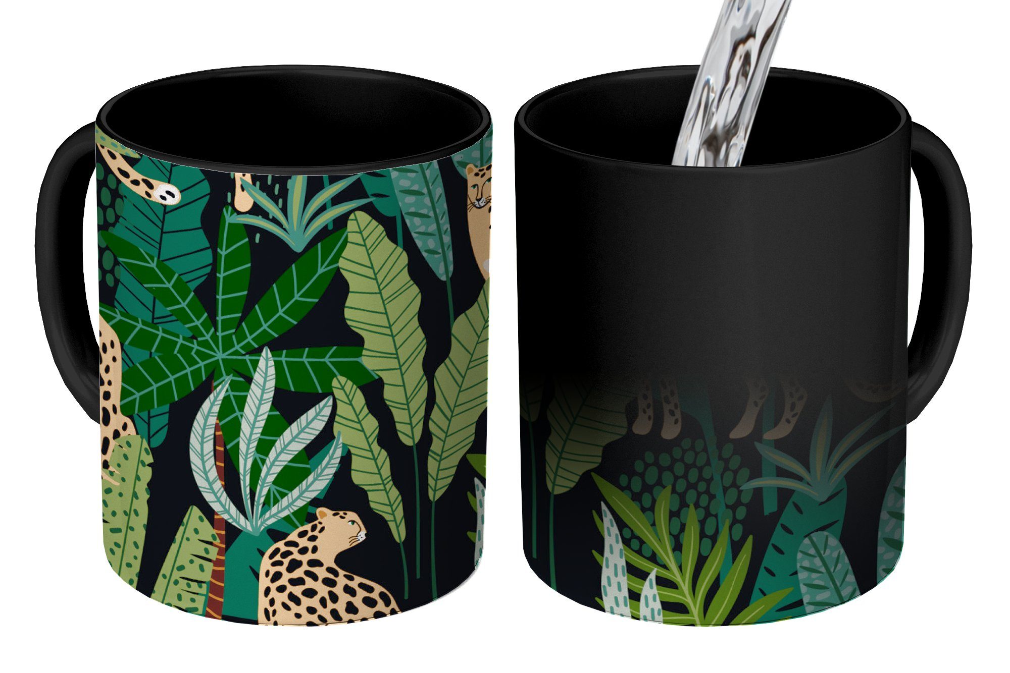 MuchoWow Tasse Dschungel - Panther - Muster - Jungen - Mädchen - Pflanzen, Keramik, Farbwechsel, Kaffeetassen, Teetasse, Zaubertasse, Geschenk
