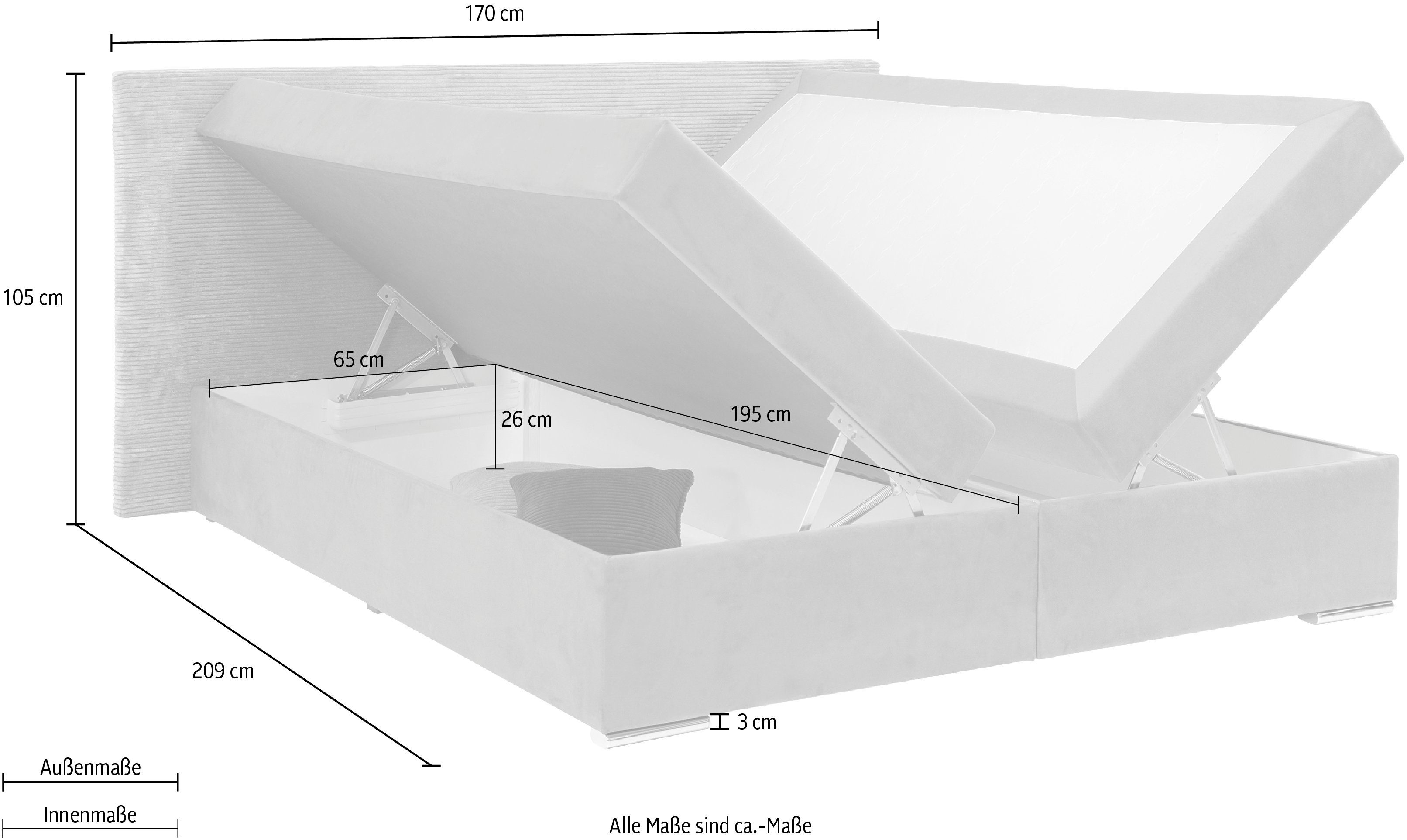 H3, & Inkl. INOSIGN o. Topper, beige Boxbett wahlbar beige Bettkasten in H2 Evina, Kopfteil Cordbezug in /