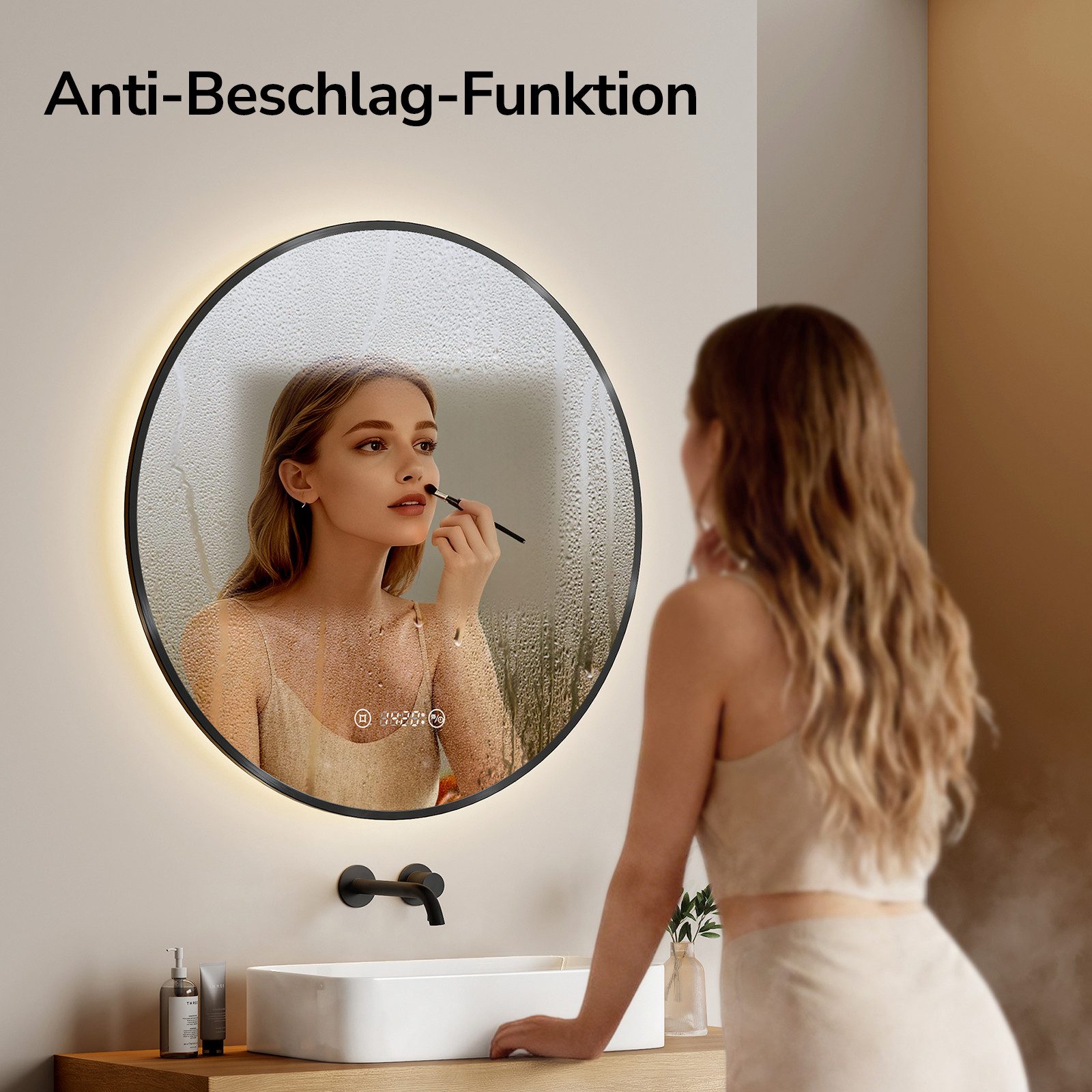 EMKE Badspiegel LED-Badezimmerspiegel Rund mit Uhr, Anti-Beschlag, Neutrales Licht (4300K), Dimmbar, IP44,Ø60/70/80 cm