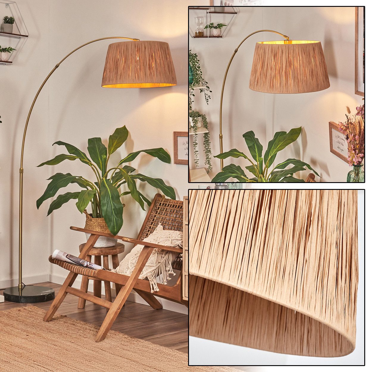 hofstein Bogenlampe Stehlampe aus Metall/Bast in Schwarz/Messing gebürstet/Natur, Stehleuchte im Boho-Design mit Marmorfuß u. Fußschalter (45 cm), E27