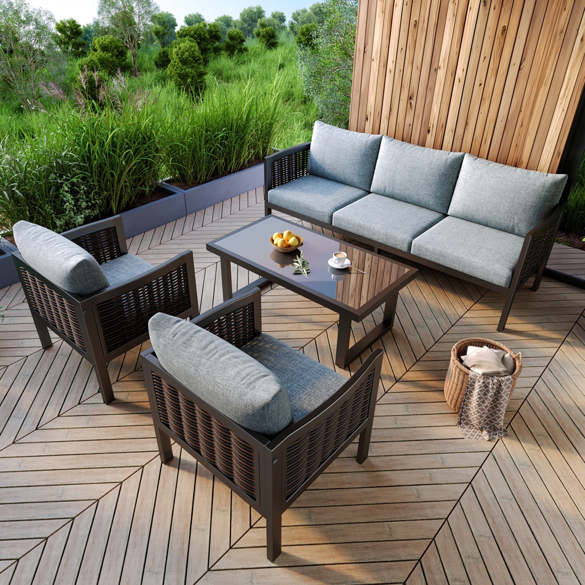 Flieks Gartenlounge-Set, 5-Sitzer Polyrattan Gartenmöbel 3er-Sofa günstig online kaufen