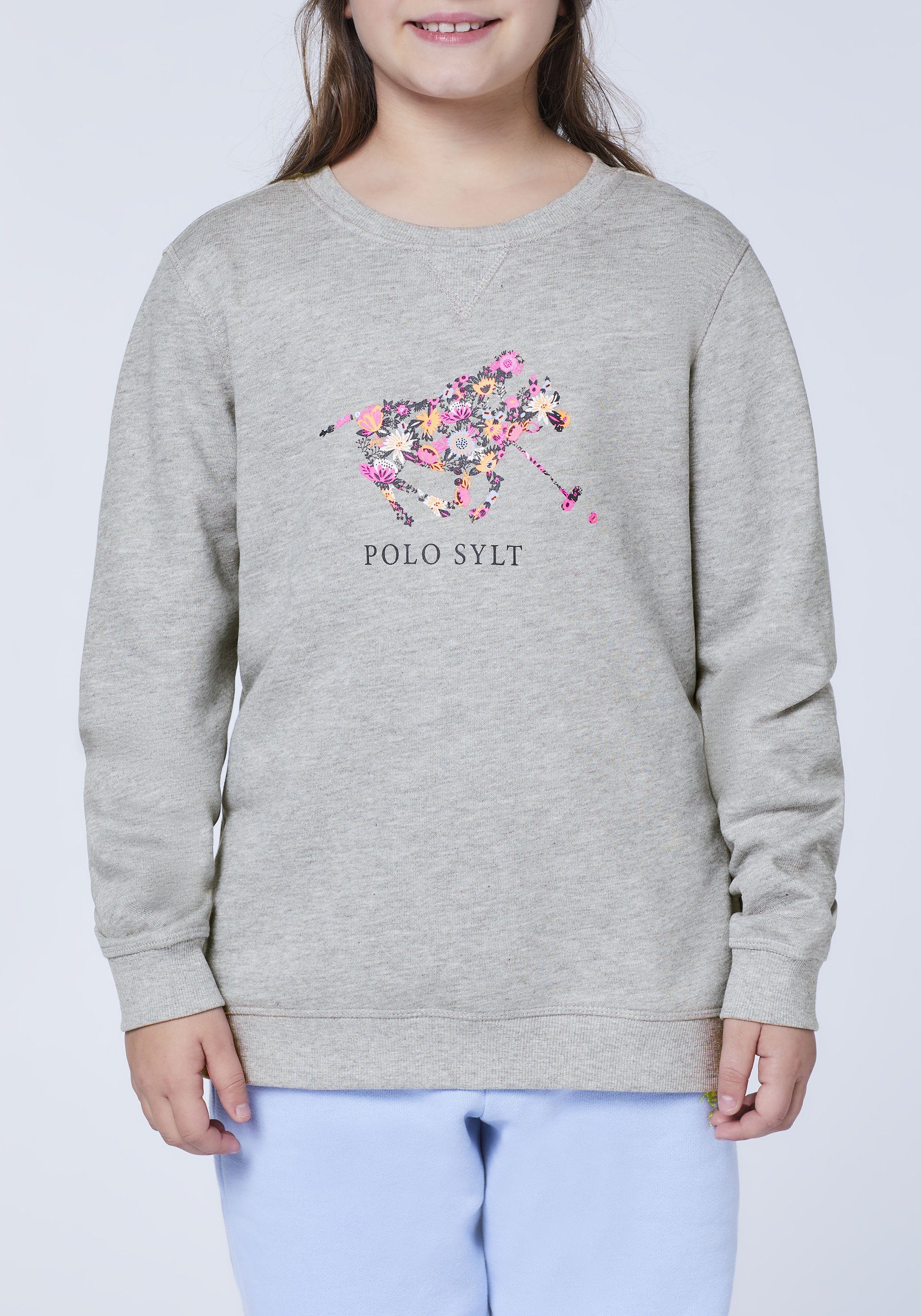Polo Sylt Sweatshirt mit 17-4402M floralem Logodesign Neutral Gray Melange