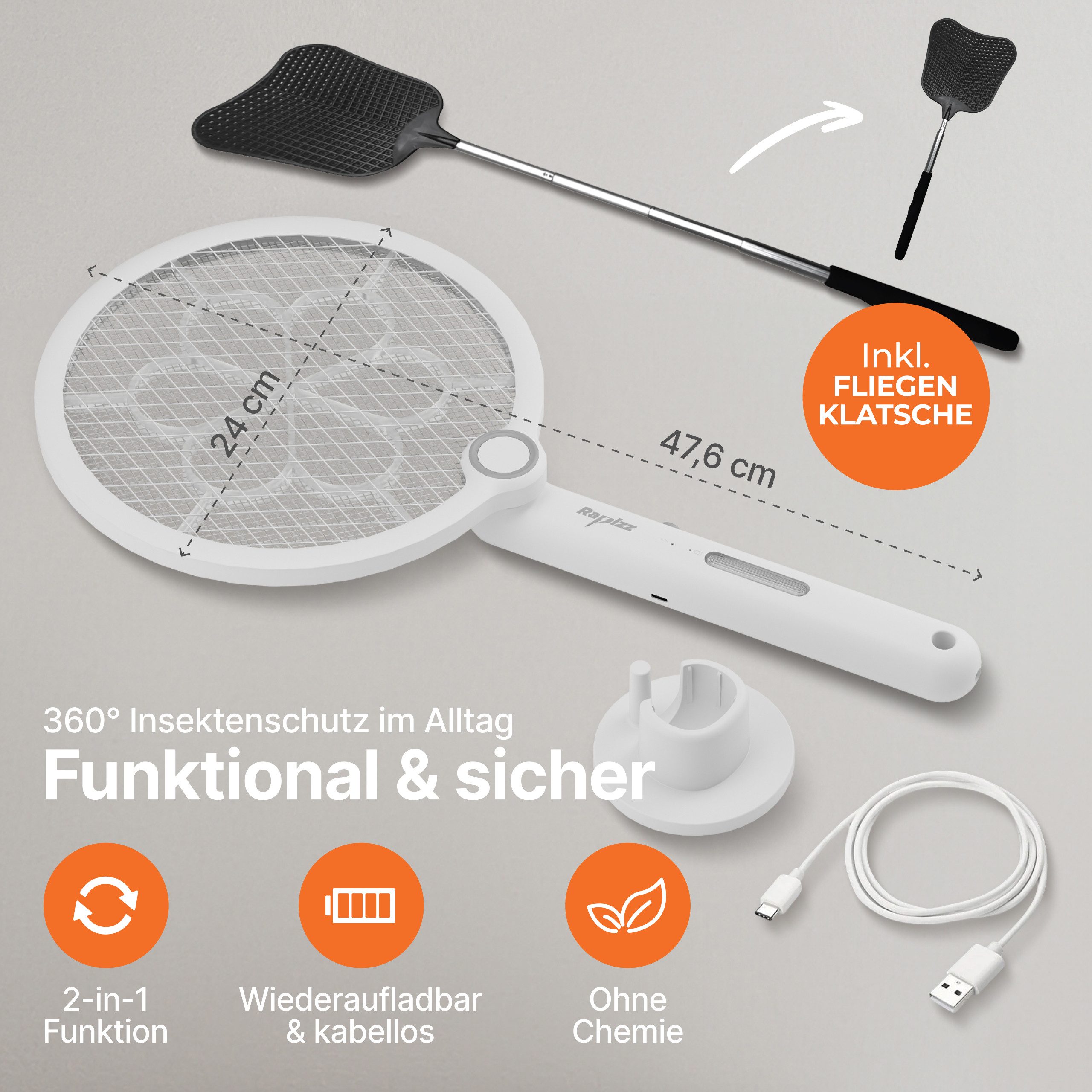 RAPIZZ Fliegenklatsche Elektrischer Insektenfänger - 2in1 Funktion - Mit Akku - Schwarz&Weiß, Gratis Fliegenklatsche - Inkl. USB-Ladekabel - Als Schläger & UV-Falle