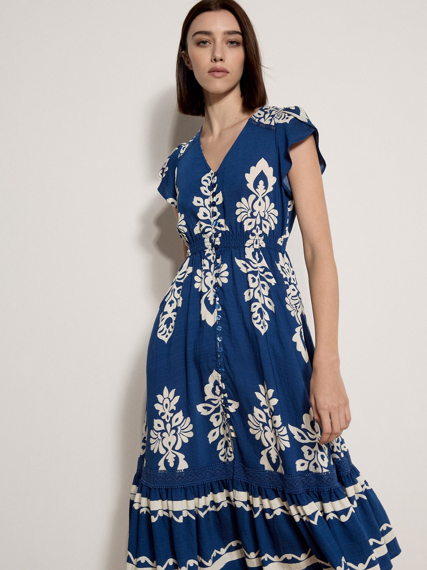 Apricot A-Linien-Kleid Midi-Kleid mit Folk-Blumenmuster mit Stickerei