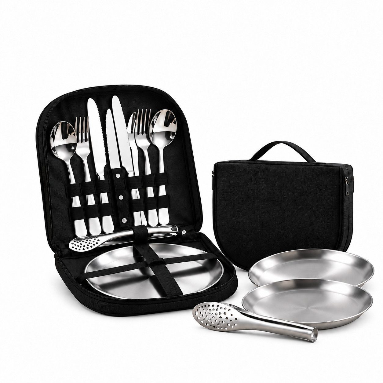 Fyrove Besteck-Set Reisebesteck für 2 Personen, Campinggeschirr, Outdoorbesteck, Edelstahl-Set mit Tellern, Steakmesser, Zange und Tragetasche