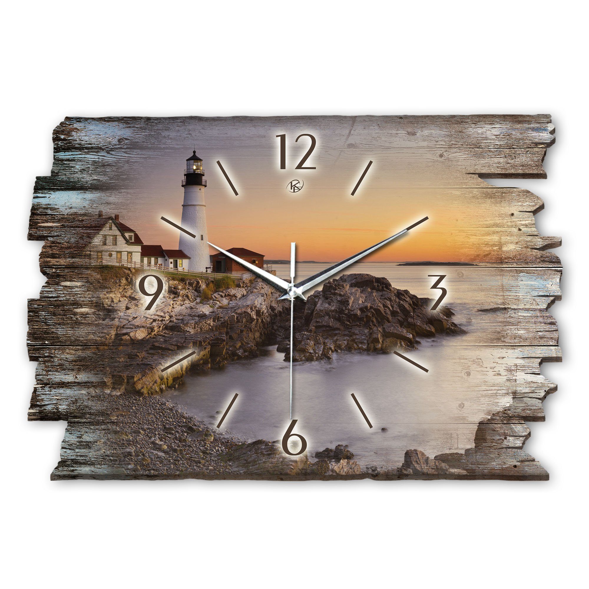 Kreative Feder Wanduhr Design-Wanduhr „Leuchtturm“ aus Holz im Shabby Style Design (ohne Ticken, flüsterleises Uhrwerk, außergewöhnlich, modern)