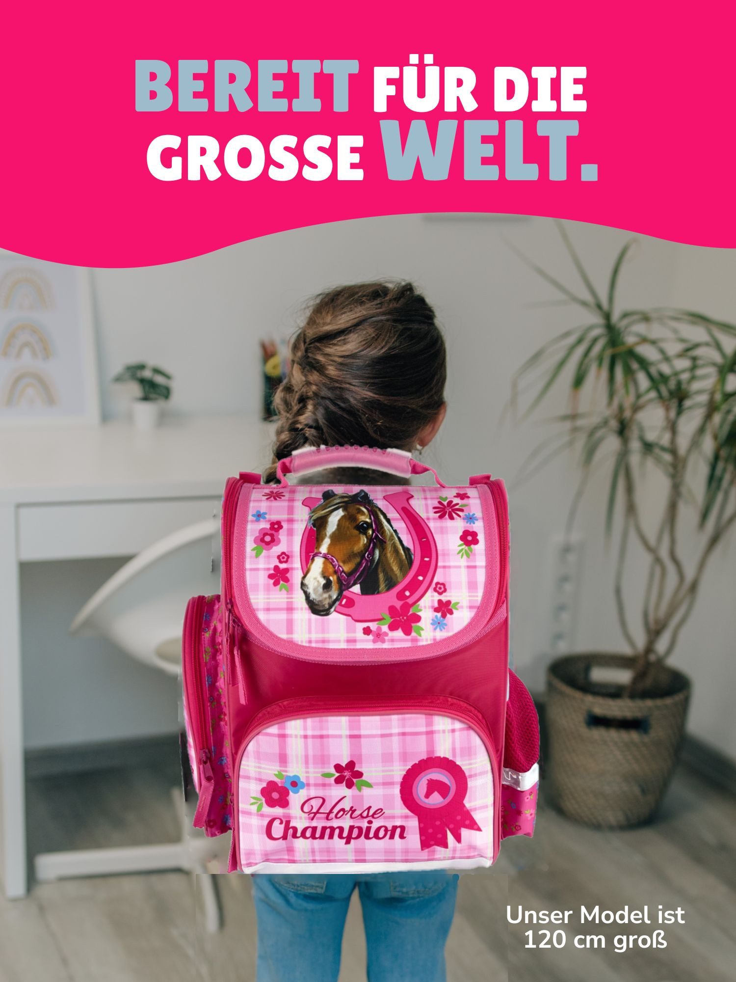 Familando Schulranzen Clou Pferde Champion Schultasche, rosa, ab 1. Klasse (Komplett-Set, 10-tlg., mit Lunch-Set, Sporttasche und Schultüte 85cm), kompakt, mit  – Bild 2 von 5