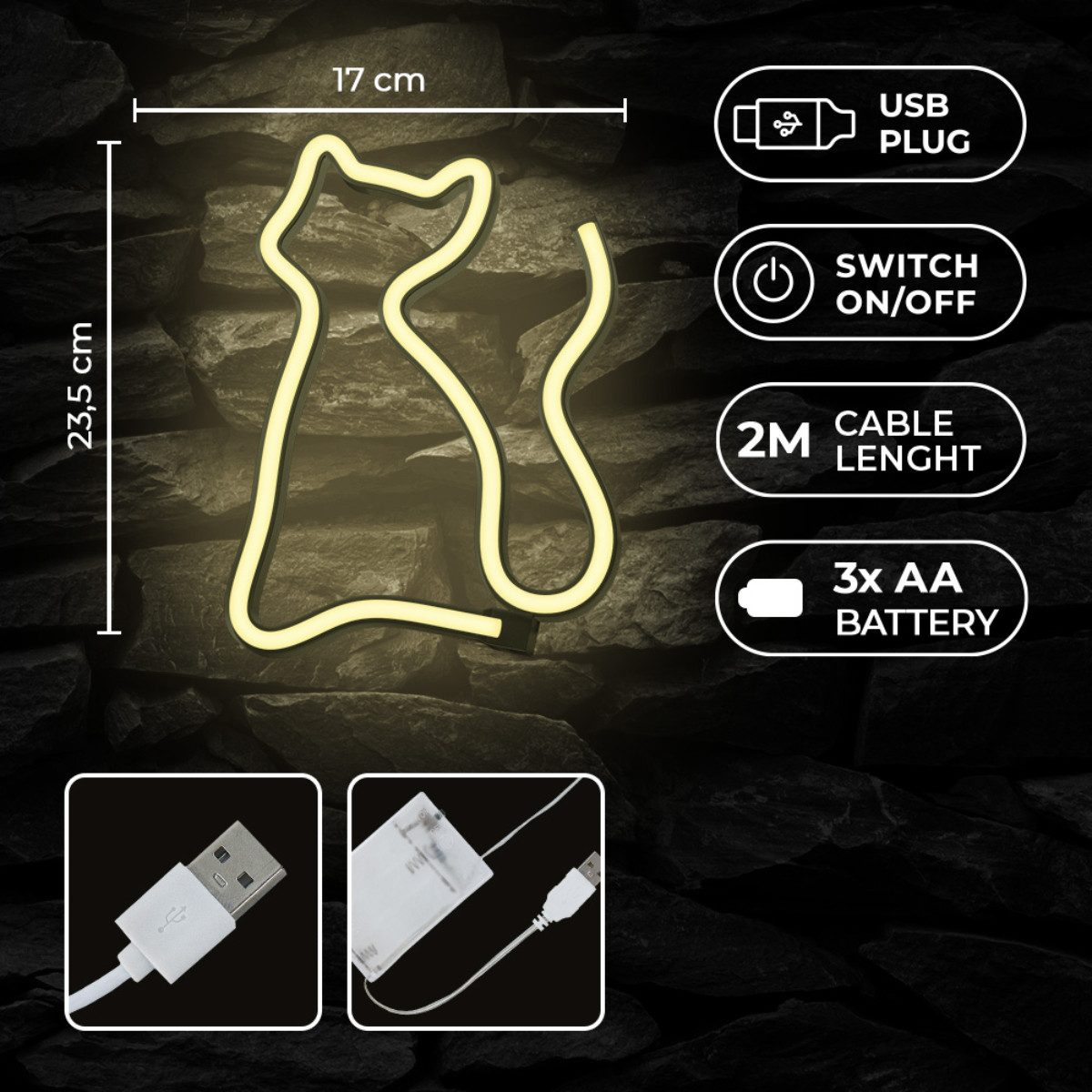 Forever Light LED Dekolicht Forever Light Neon LED-Leuchte CAT warmweiß – FLNE03, Warmweiß, Leuchtendes Katzen-Design, flexibler Betrieb, kompakte Größe