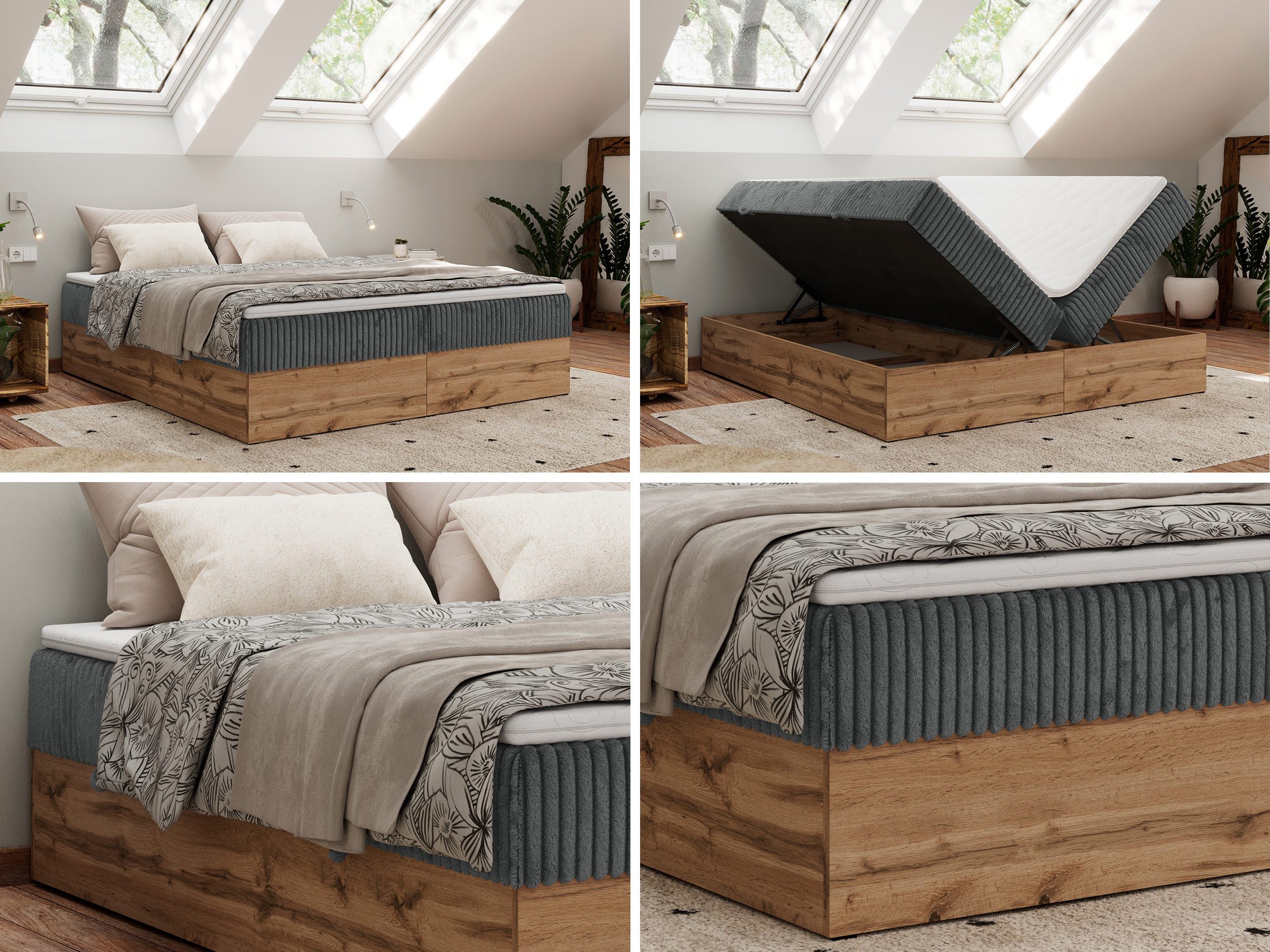 MKS MÖBEL Boxspringbett WOOD ZERO (Set, Bett, Polsterbett mit integrierten Matratzen, 2 Bettkästen, H3/H4), Topper T25 oder Visco optional, ohne Kopfteil