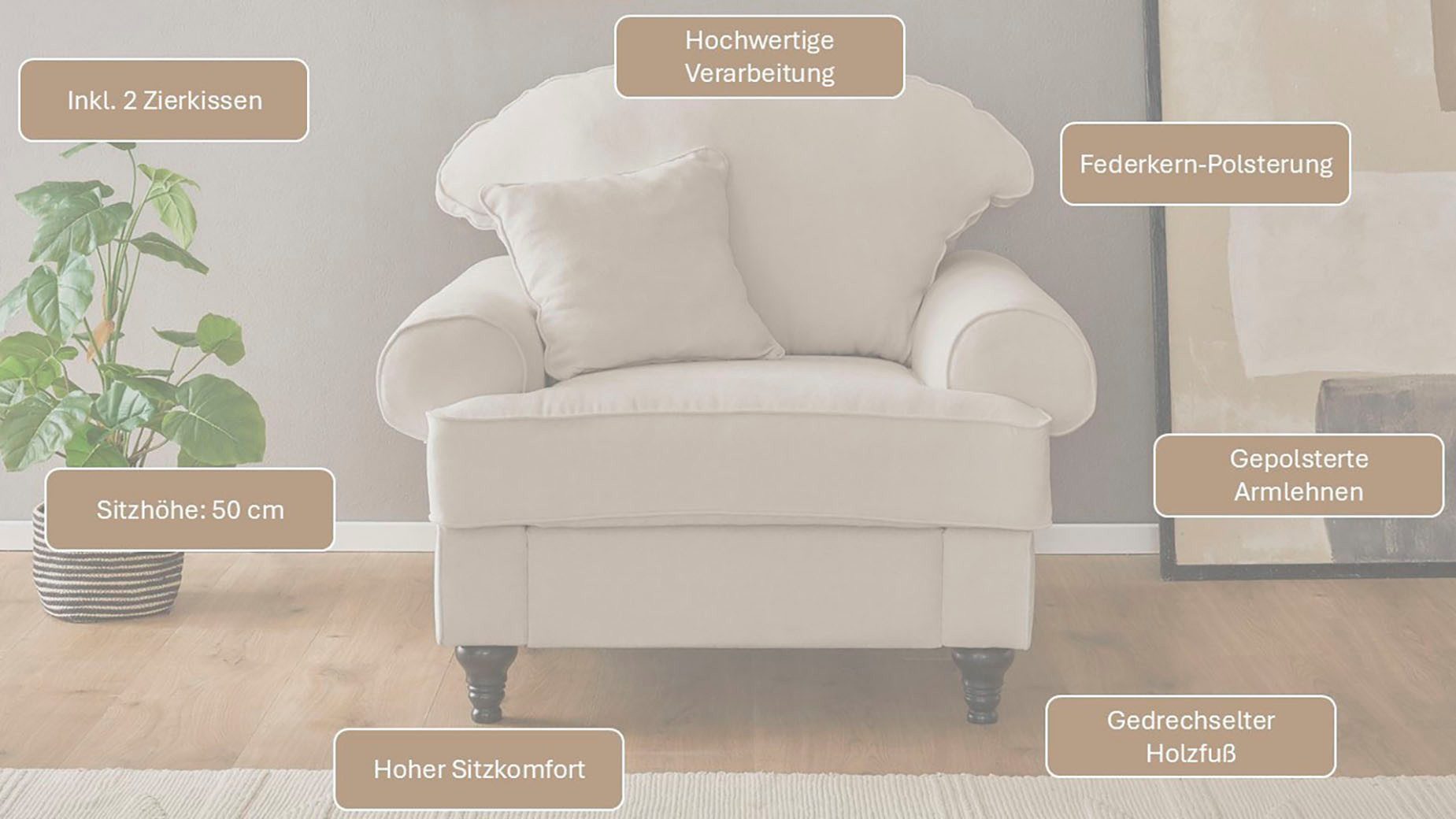 OTTO home Sessel Westminster mit hochwertigem Microfaserbezug, in 5 Farben verfügbar, Federkern-Polsterung, gedrechselter Fuß, inkl. Zierkissen – Bild 3 von 5