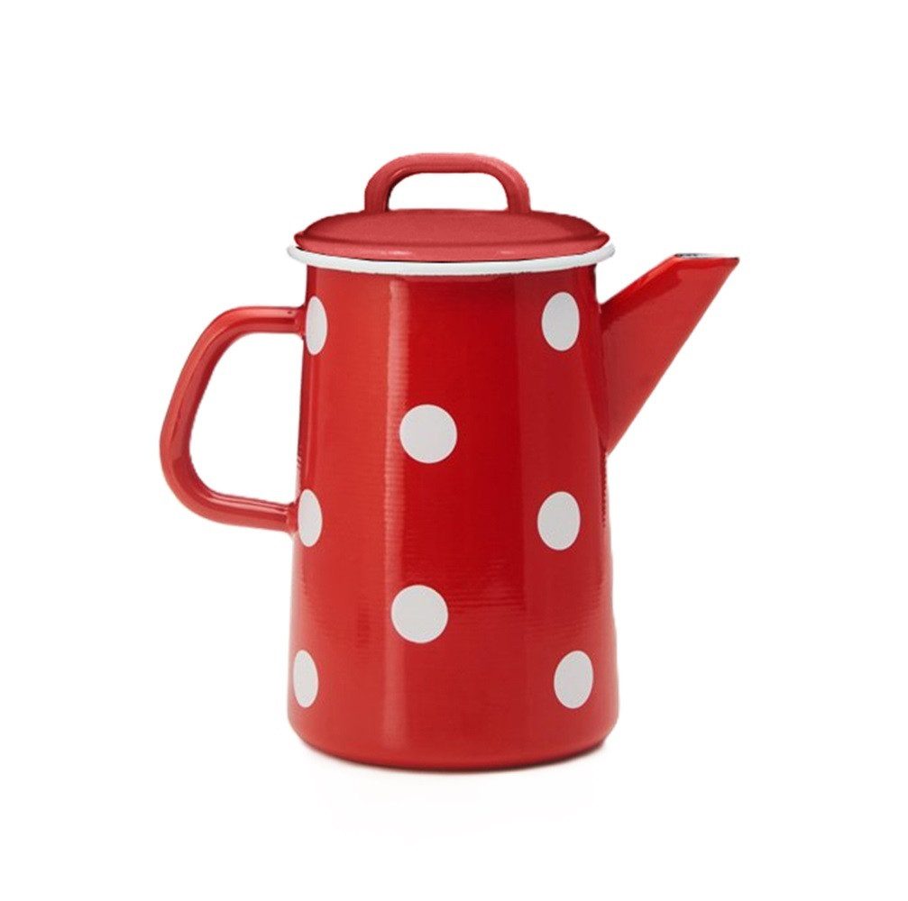 Linoows Kanne Emaille Kaffeekanne, Deckelkanne, Henkelkanne, 1,6 l, (Set), Nostalgie Kaffeekanne Rot mit weißen Tupfen 1,6 Liter