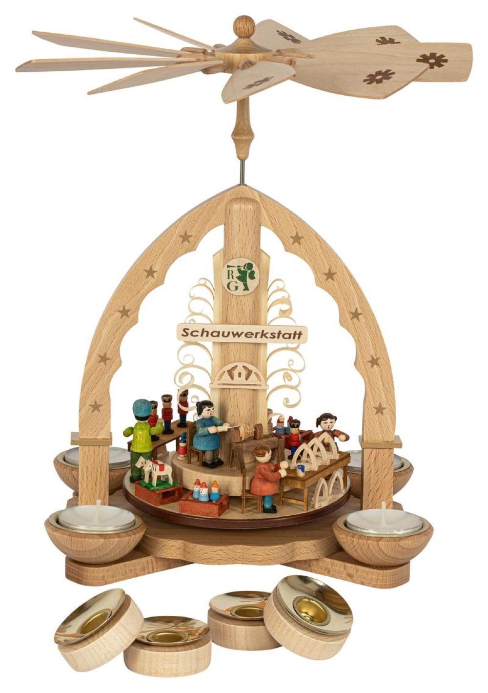 Weihnachtspyramide Pyramide Schauwerkstatt für Teelicht und Kerzen, Höhe 27 cm