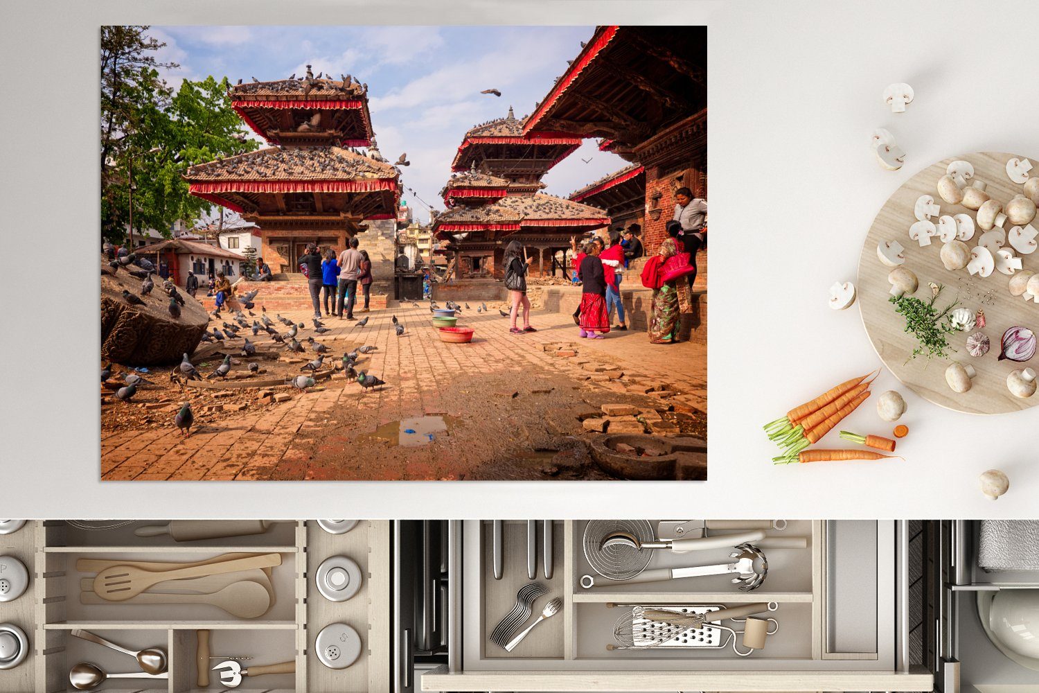 MuchoWow Herdblende-/Abdeckplatte Der Durbar Square und Nepal in tlg), Ceranfeldabdeckung Arbeitsfläche Mobile Kathmandu cm, voller 70x52 in Menschen nutzbar, (1 Vinyl, Tauben