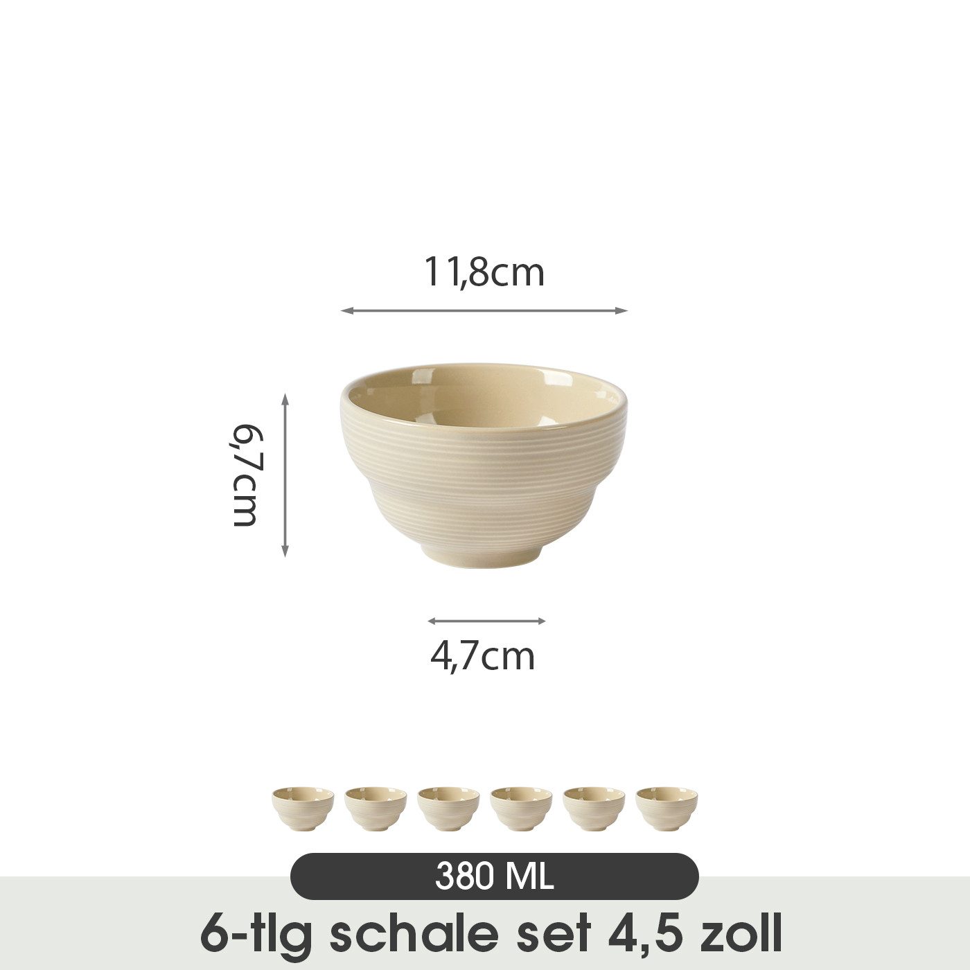 JIWOO Müslischale 6er Ø11,8cm, Dessertschale Eisschale Suppenschale Snackschale Schale, Keramik, (Schaleset, 6-tlg), Hochwertiges Schalen Braun Mikrowellenofen Spülmaschine