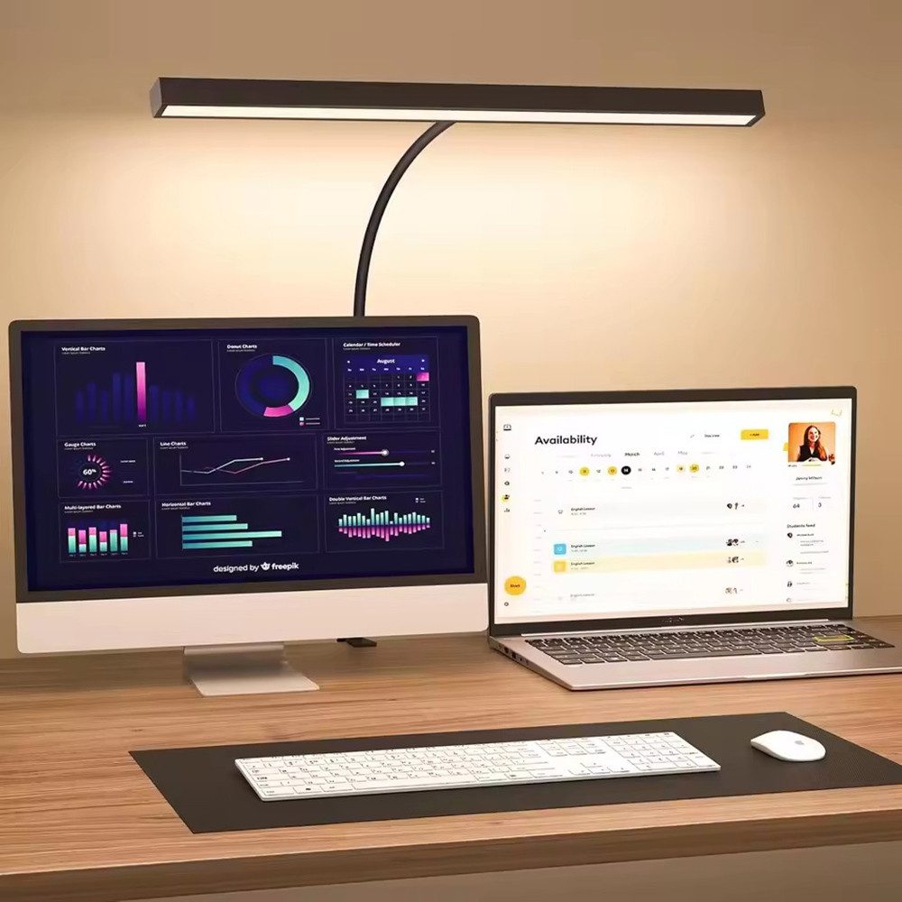 Rosnek LED Schreibtischlampe dimmbar, 3 Lichtfarben, 10 Helligkeitsstufen, USB, Arbeitsleuchte mit Schwanenhals für Büro, Homeoffice, Lesen & Basteln