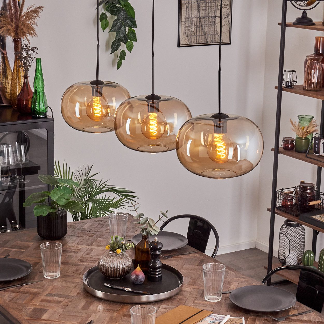 hofstein Hängeleuchte Hängelampe aus Metall/Glas in Schwarz/Bernsteinfarben günstig online kaufen