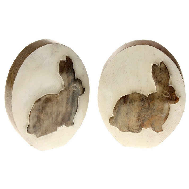 Macosa Home Osterei Osterhase Oster-Dekoration Tischdeko Deko-Figur Ostern Osterdeko (2 St), Deko-Eier 2er Set Holz Osterei mit Hase Osterdeko Holzei Holzosterei