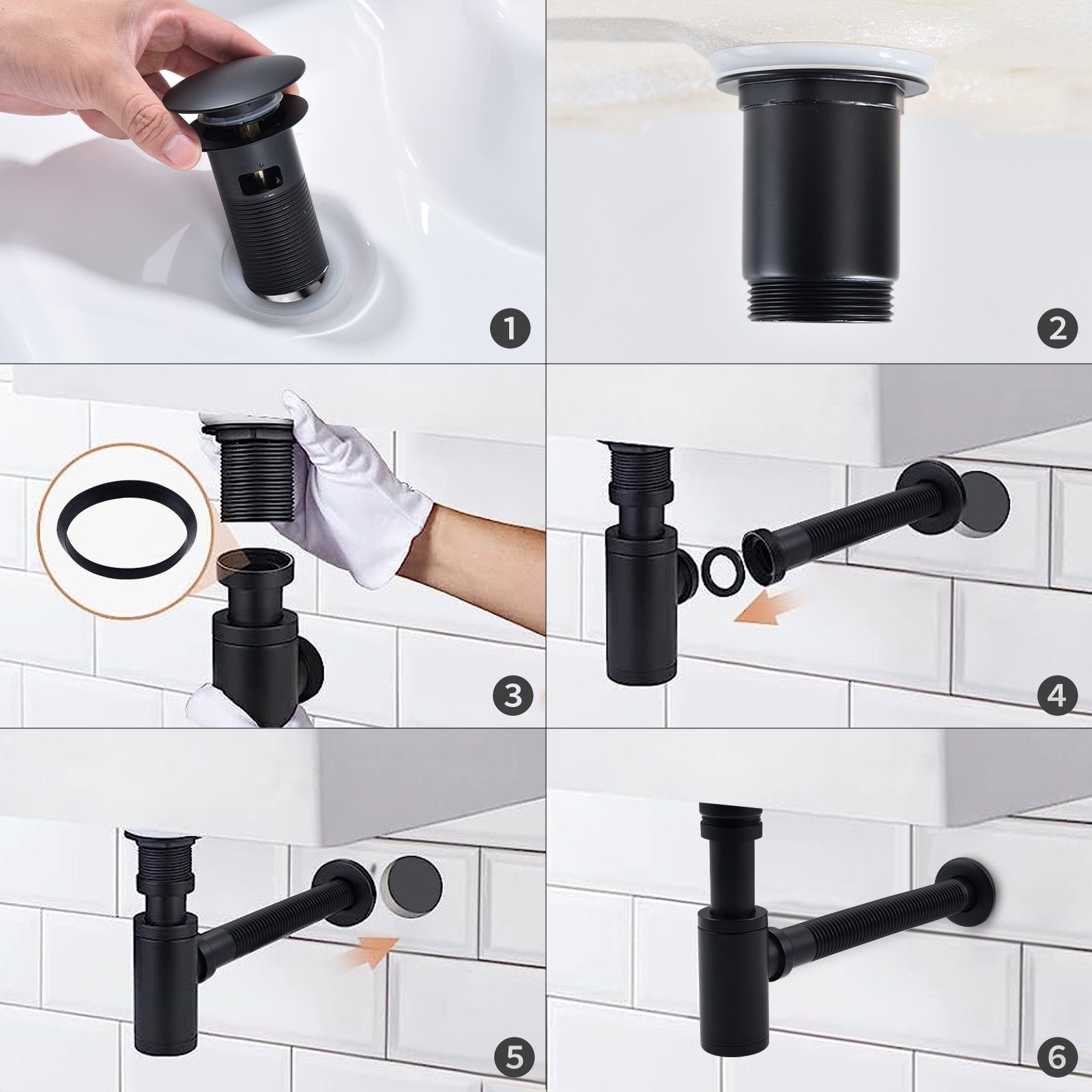 HOMELODY Waschtischarmatur mit Pop-Up Ablaufventil und Universal Siphon, mit Ablaufgarnitu – Bild 5 von 5