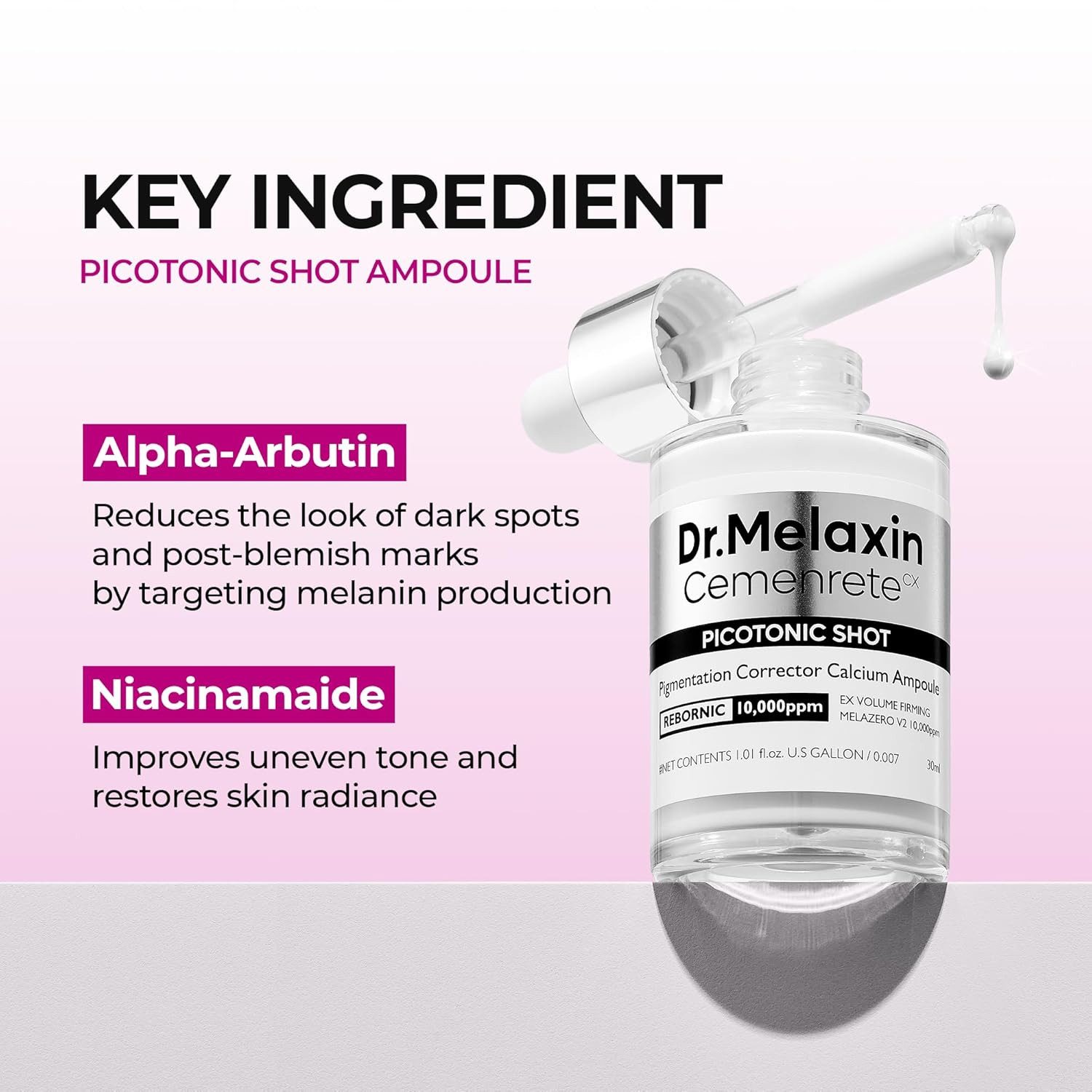Dr.Melaxin Gesichtsserum Cemenrete Picotonic Shot Pigmentation Corrector Calcium Ampoule 30 ml leichte Pflege mit Alpha-Arbutin, Niacinamid, Kollagen &, Elastin zur Unterstützung eines ebenmäßigen Hauttons