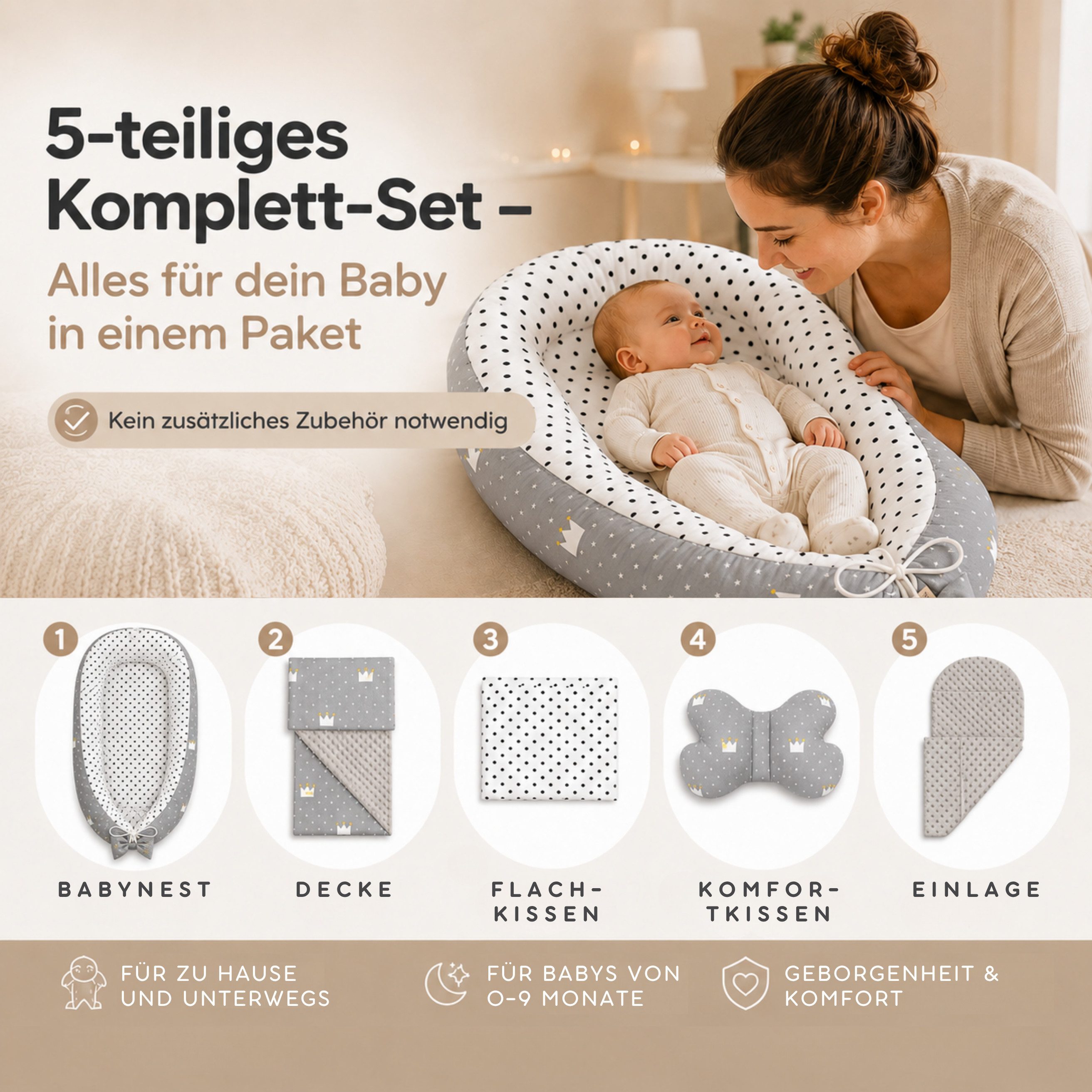 SKY & ZEN Kuschelnest für Neugeborene – Baby Nestchen Set, Babynest mit Tragegriff, (Set), 5 Teile