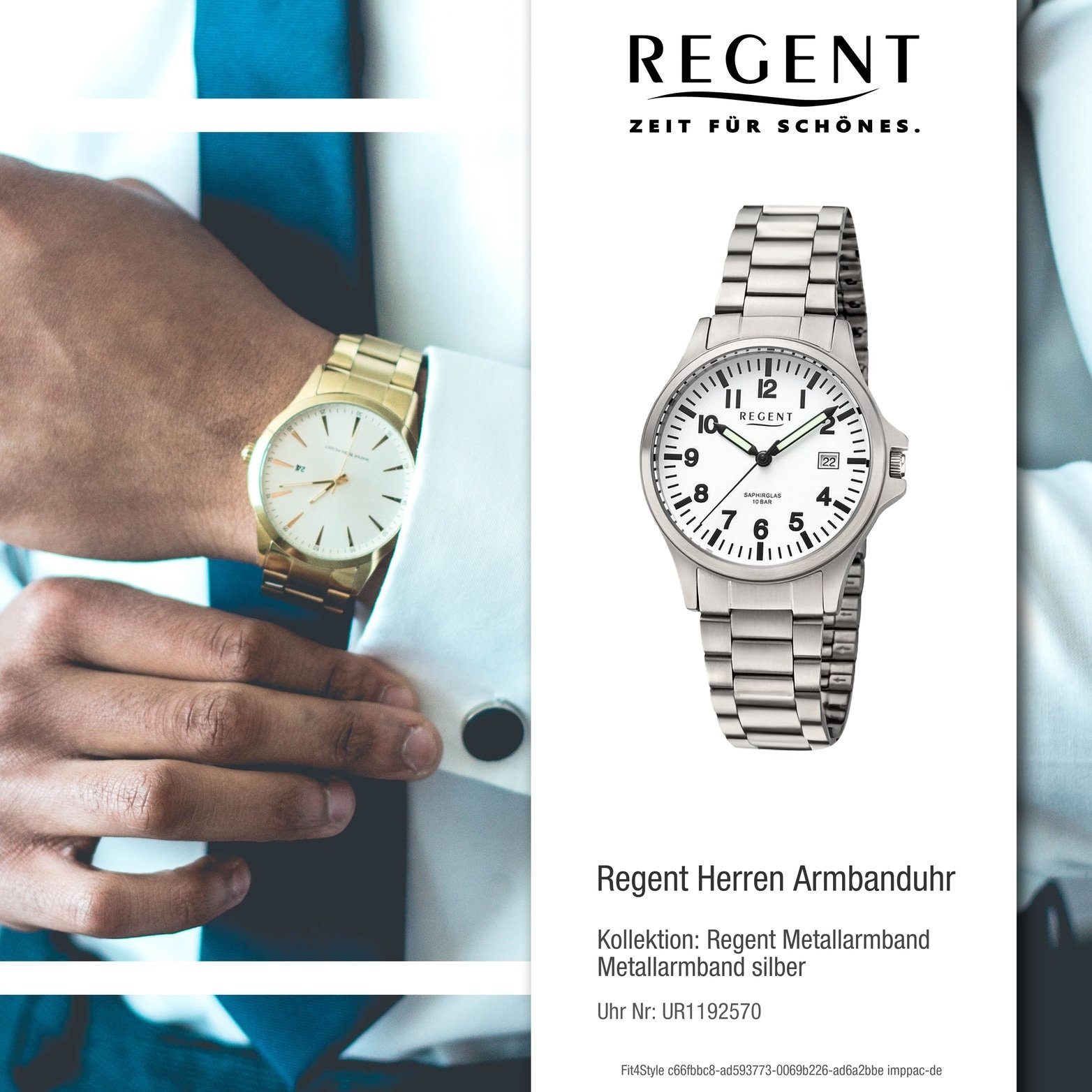 Regent Quarzuhr Regent Herren Armbanduhr groß Herrenuhr Analog, silber, Metallarmband Gehäuse, 36mm) (ca. extra rundes