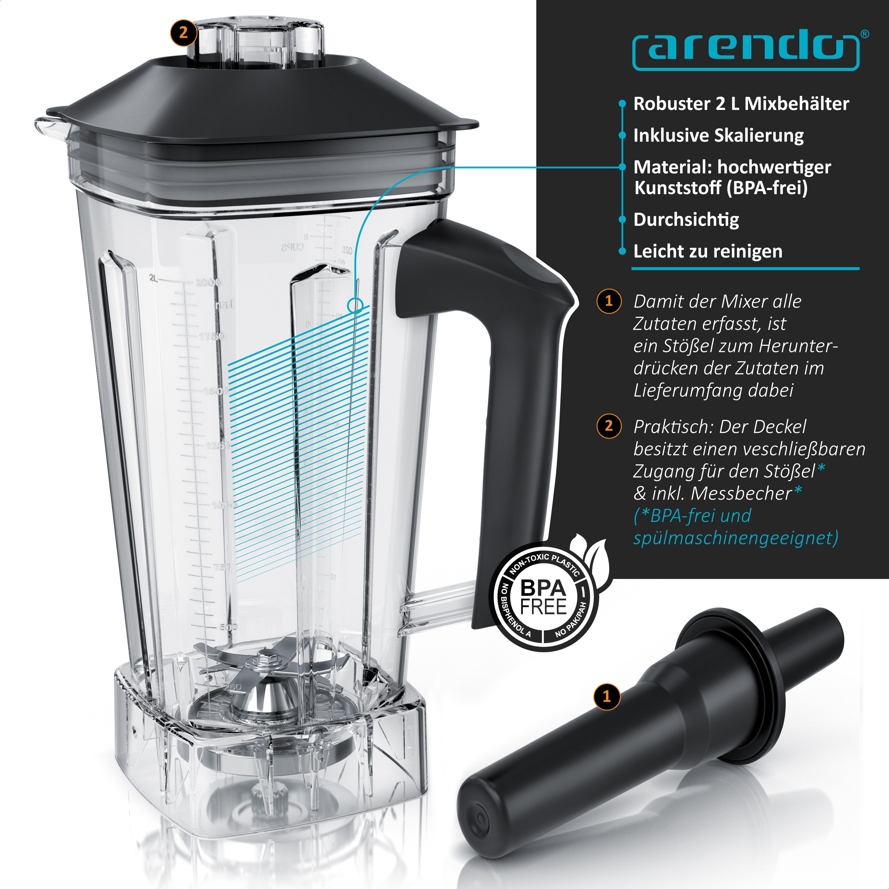 Arendo Standmixer Hochleitungsmixer 2000 W mit Touchpanel, max. 24.000 U/min, Blender, 2000 W, Smoothie Maker, Timer, 5 Programme, Mixer mit Display – Bild 4 von 5