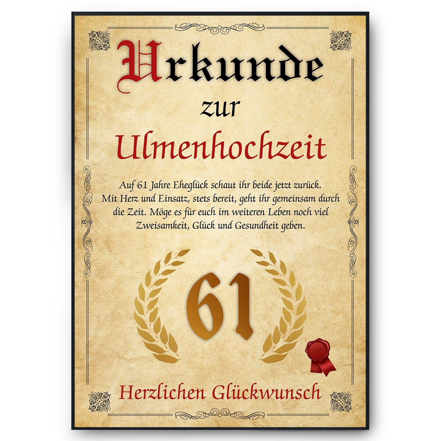 Tigerlino Poster Urkunde zum 61. Hochzeitstag Geschenk 61. Jahrestag
