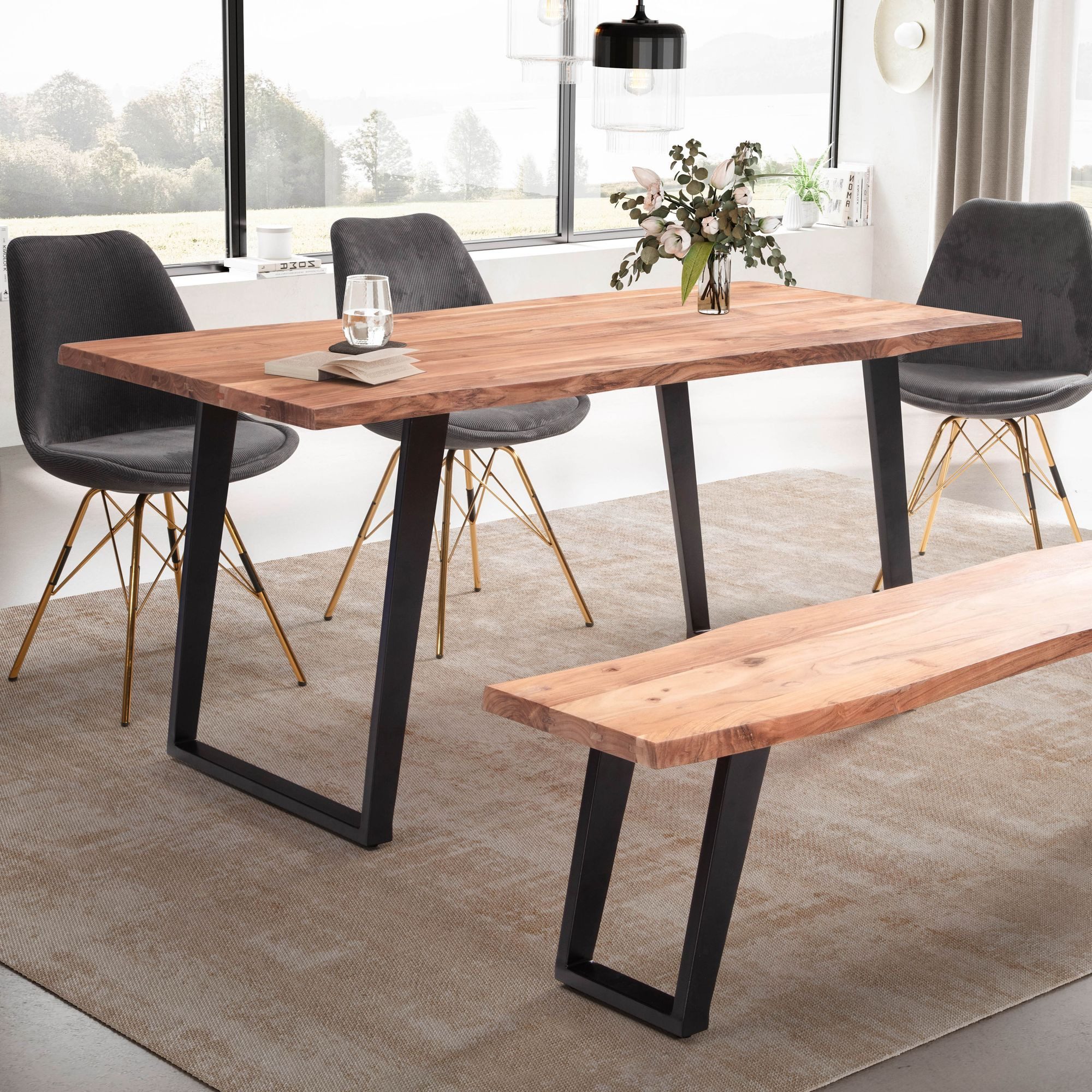 FINEBUY Esstisch FB68317 (140x80x76 cm Akazie Massivholz, Baumkante Modern), Esszimmertisch U-Beine, Holztisch Esszimmer