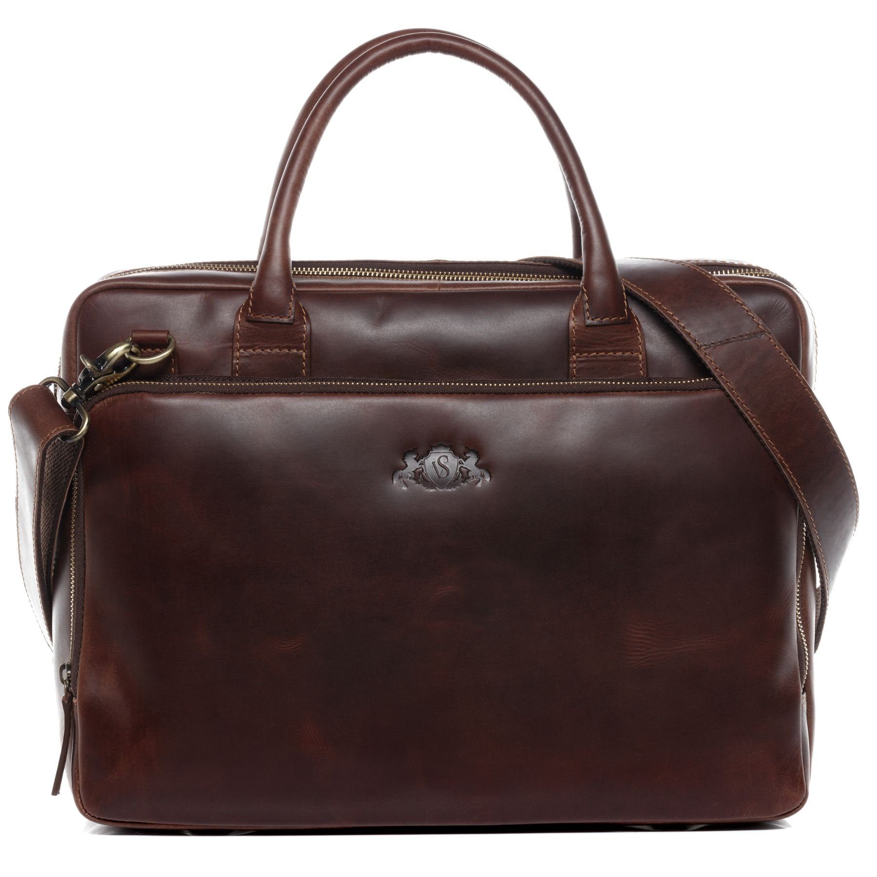 SID & VAIN Umhängetasche echt Leder Aktentasche 15 Zoll Laptop Fach braun, Laptoptasche 15,4 Zoll, Arbeitstasche Umhängetasche Damen Herren braun