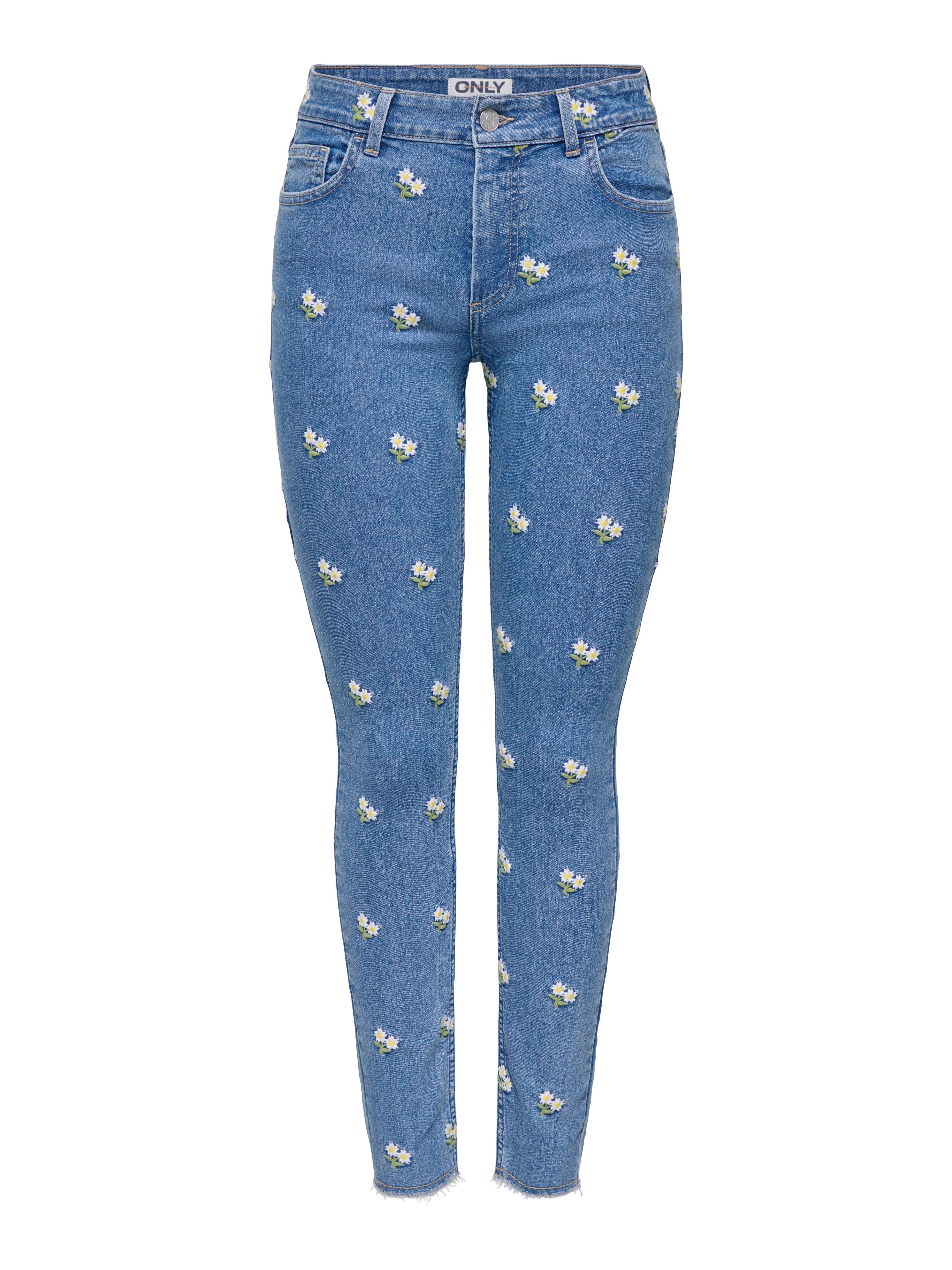ONLY Skinny-fit-Jeans ONLHUSH MW EMB RW ANK SKINNY DNM Baumwollmischung, slim fit, Allover Stickerei, offener Saum