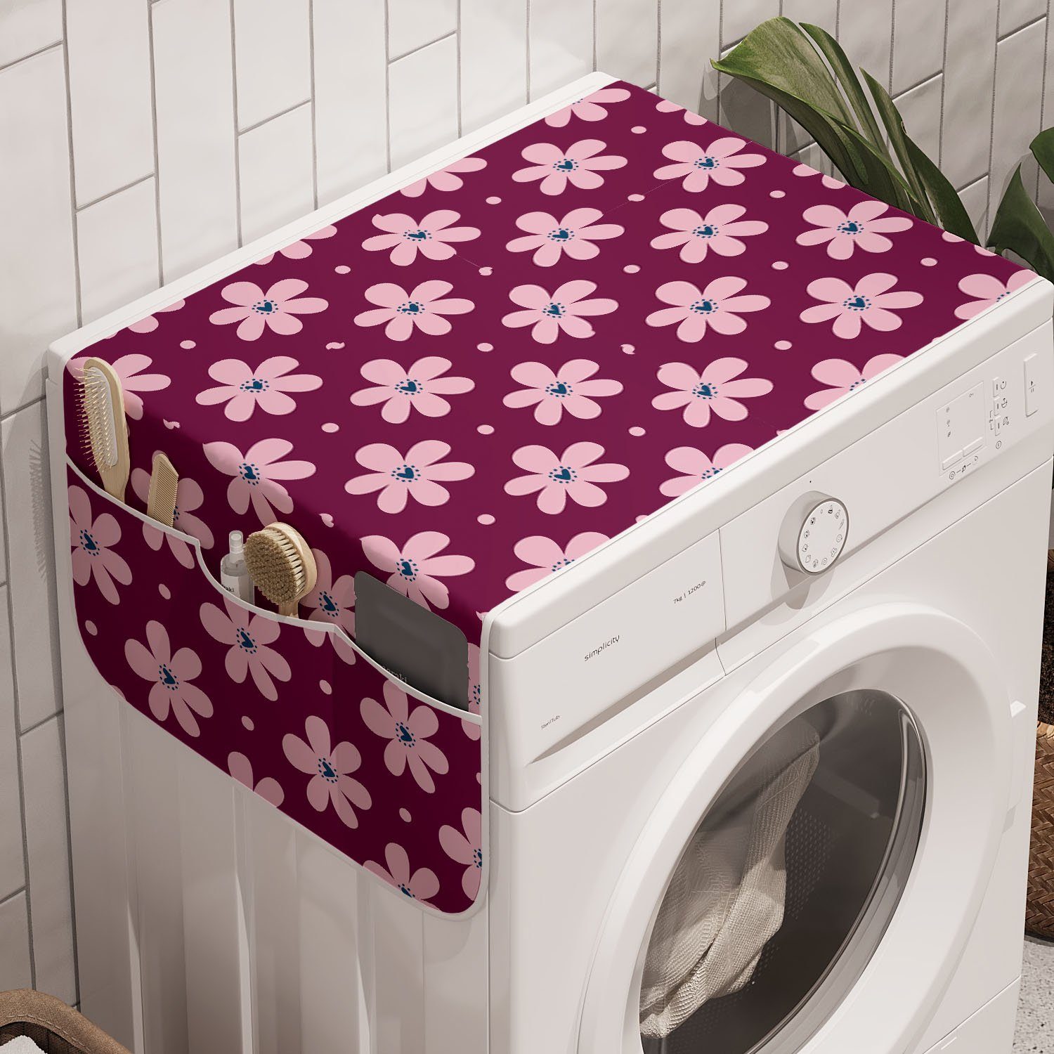 Abakuhaus Badorganizer Anti-Rutsch-Stoffabdeckung für Waschmaschine und Trockner, Rosa Tupfen Blütenblätter mit Herzen