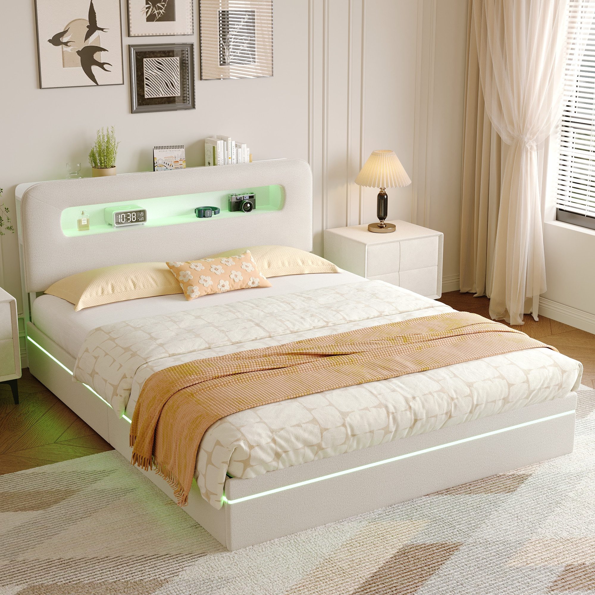 PXloue Stauraumbett Polsterbett mit Stauraum (Doppelbett 160x200 cm (USB-Ladeanschluss), Bettkasten, Ladefunktion, Samt