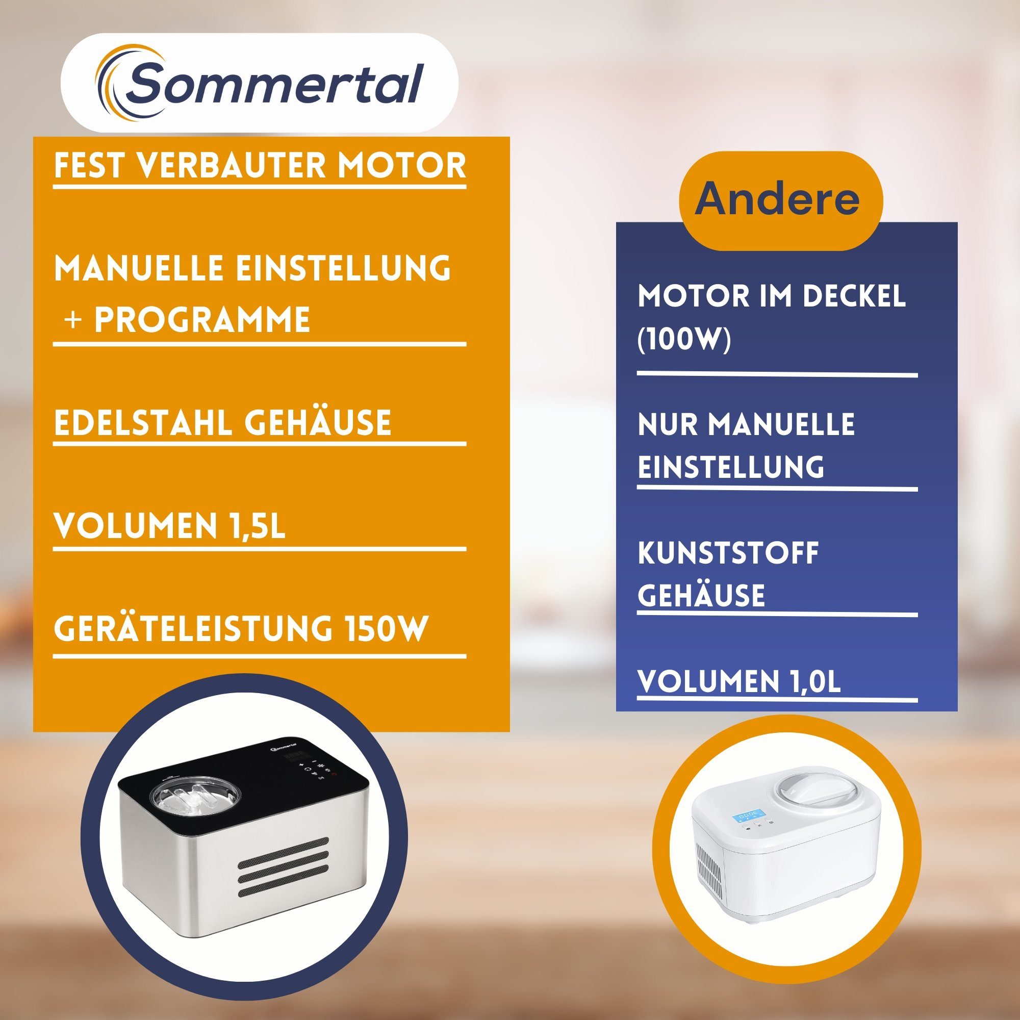 Sommertal Eismaschine Sommertal Eiscreme Maschine ICE1500 3-in-1 Eismaschine, 150 W, Milcheis & Sorbet Eiscrememaschine aus Edelstahl 1,5L 150W Kompressor