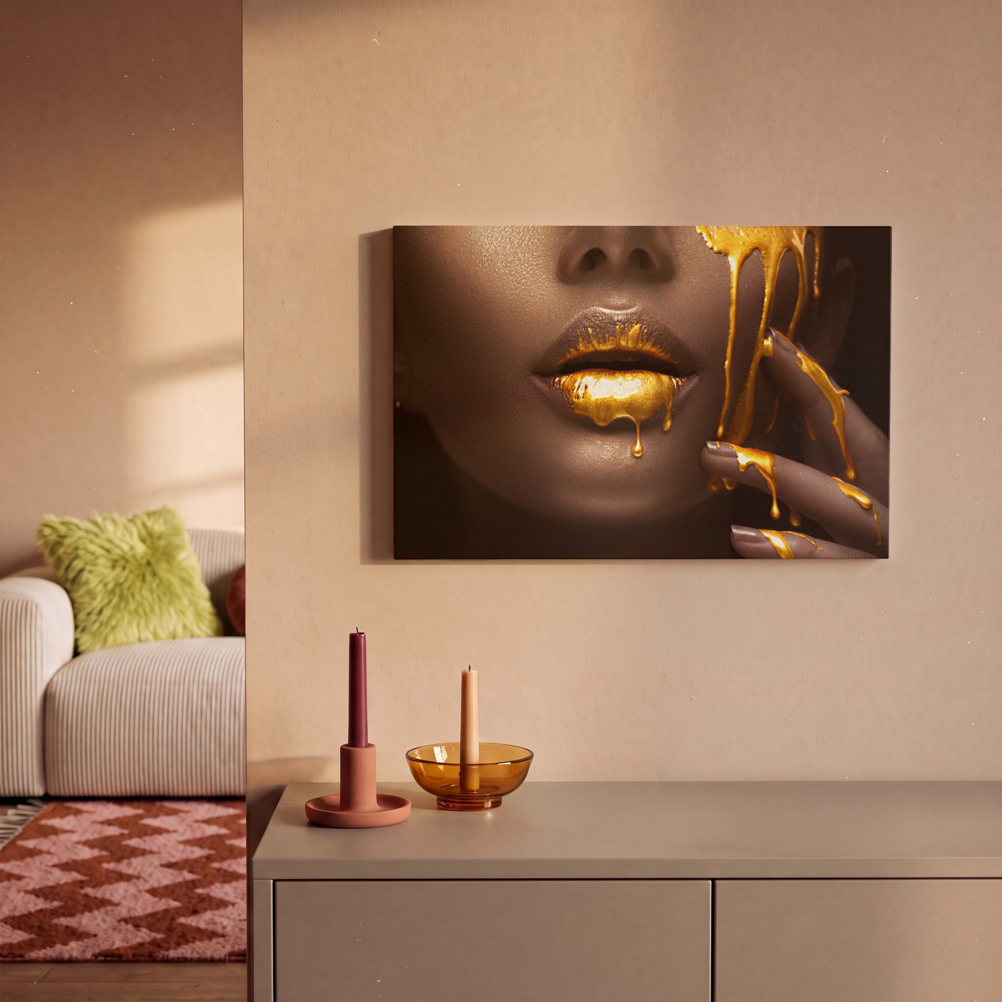 OneMillionCanvasses® Leinwandbild Gold - Frau - Farbe - Lippen - Luxus, Fotodruck (1 St), Leinwand Bilder Klein, Wand Dekoration Aesthetic 30x20 cm – Bild 2 von 5