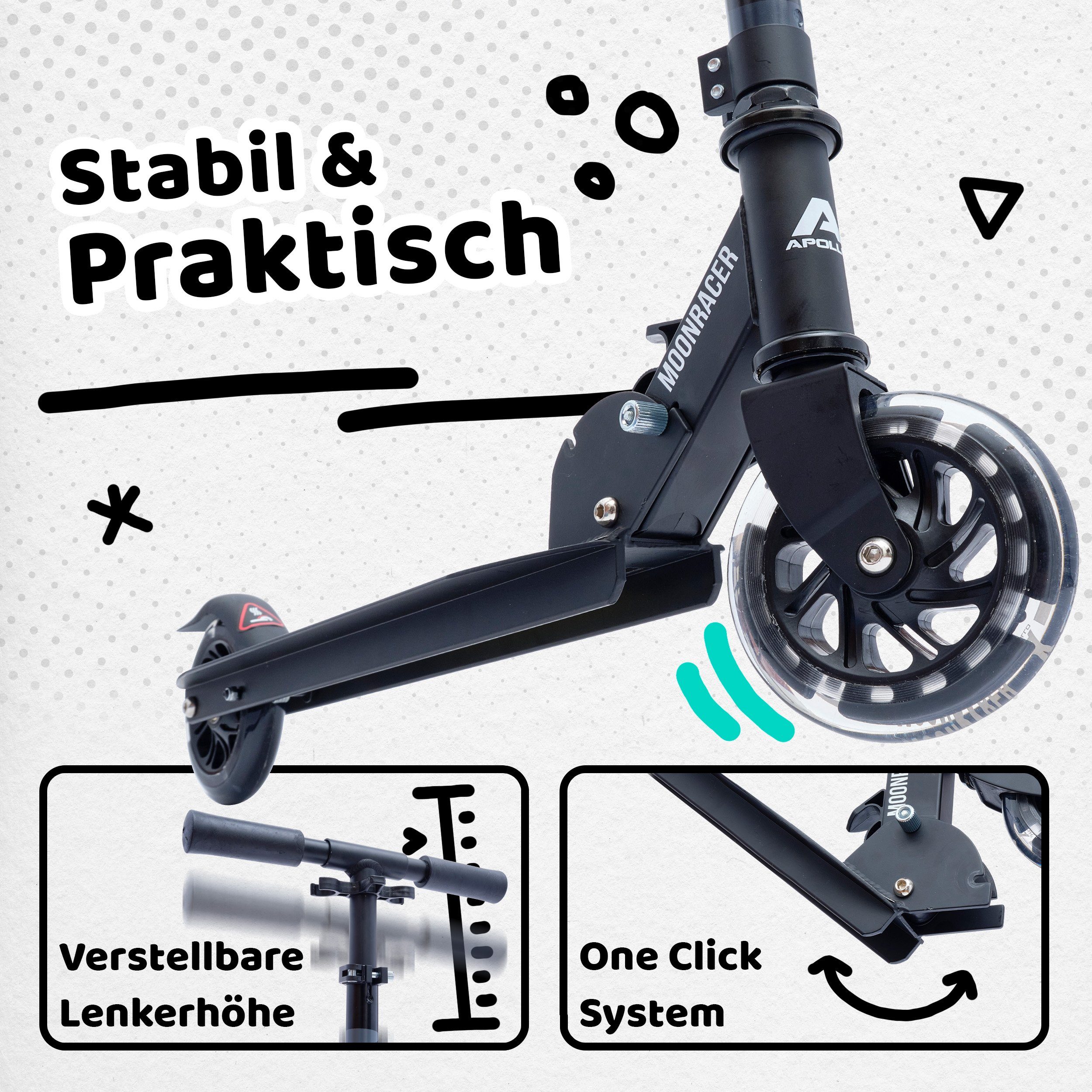 Thumbnail - Apollo Cityroller LED City Scooter Moonracer für Kinder - 125 mm Tretroller, Kinderroller ab 4 Jahre klappbar und höhenv...