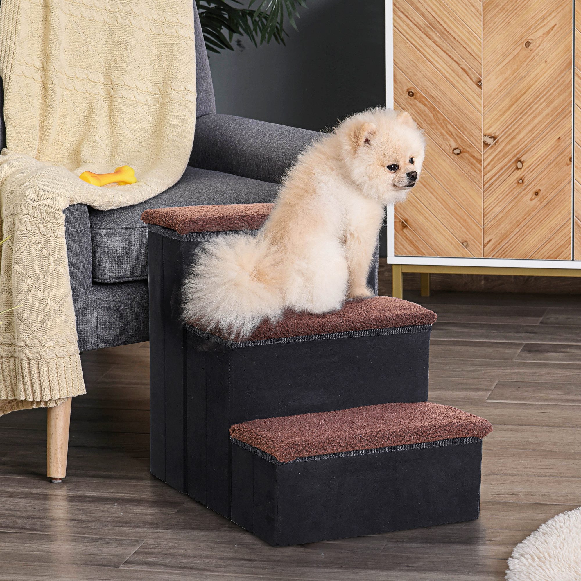 PawHut Haustiertreppe Hundetreppe für kleine und alte Tiere Katzentreppe klappbar (Haustierleiter, 1-St., Tiertreppe), Schwarz 40 x 54 x 48 cm