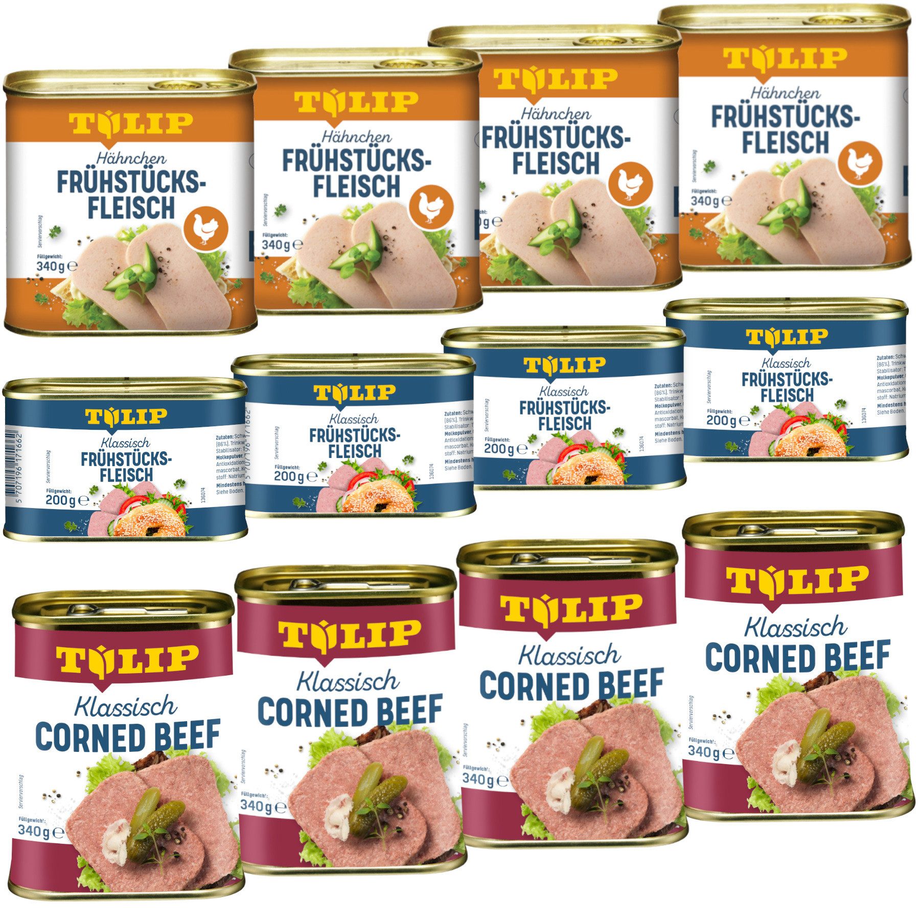 TULIP Wurstkonserve Frühstücksfleisch Corned Beef 340g + Hähnchen 340g + Schwein 200g, (Set, Corned Beef + Hähnchen + Schwein), Dänische Delikatesse