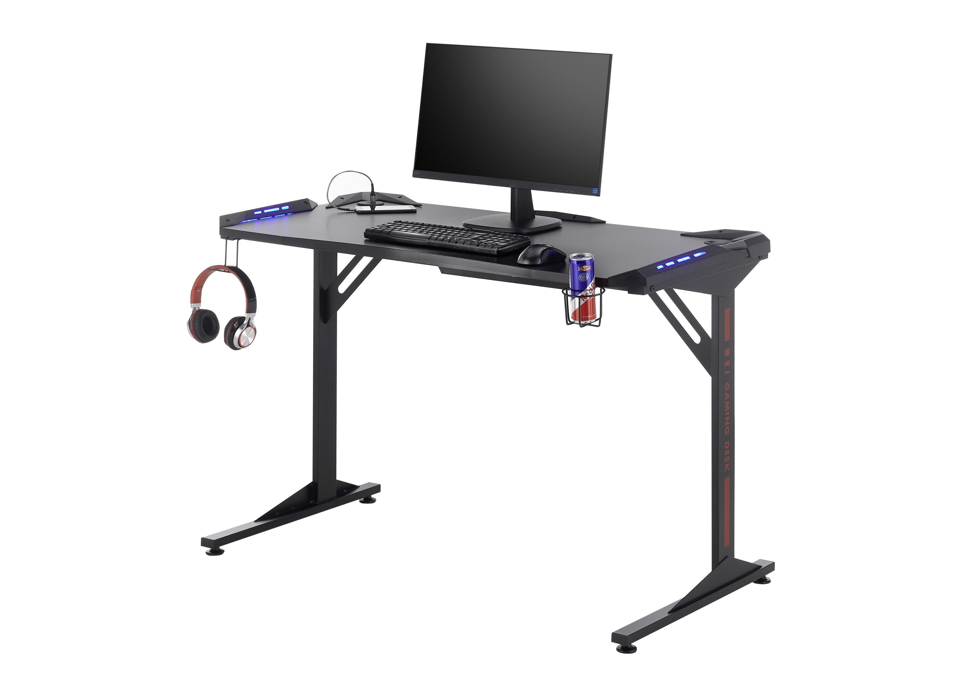 PREISBRECHER Gamingtisch BC 3110, LED-Wechselbeleuchtung, in Schwarz / Carbonoptik - 119x76x60cm (BxHxT)