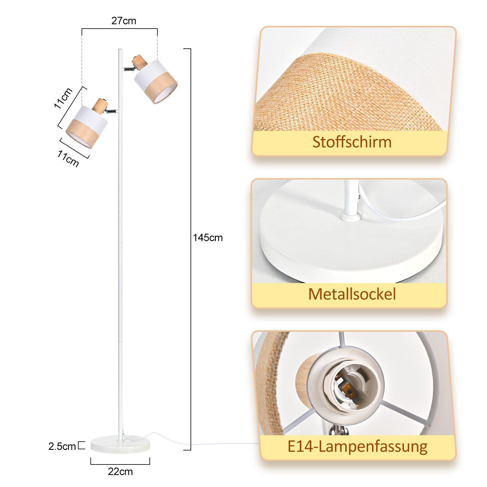 Nettlife Stehlampe Vintage aus Holz 2x E14 Fassungen Stoffschirm Fußschalter für Flur, LED wechselbar, für Schlafzimmer (ohne Leuchtmittel)