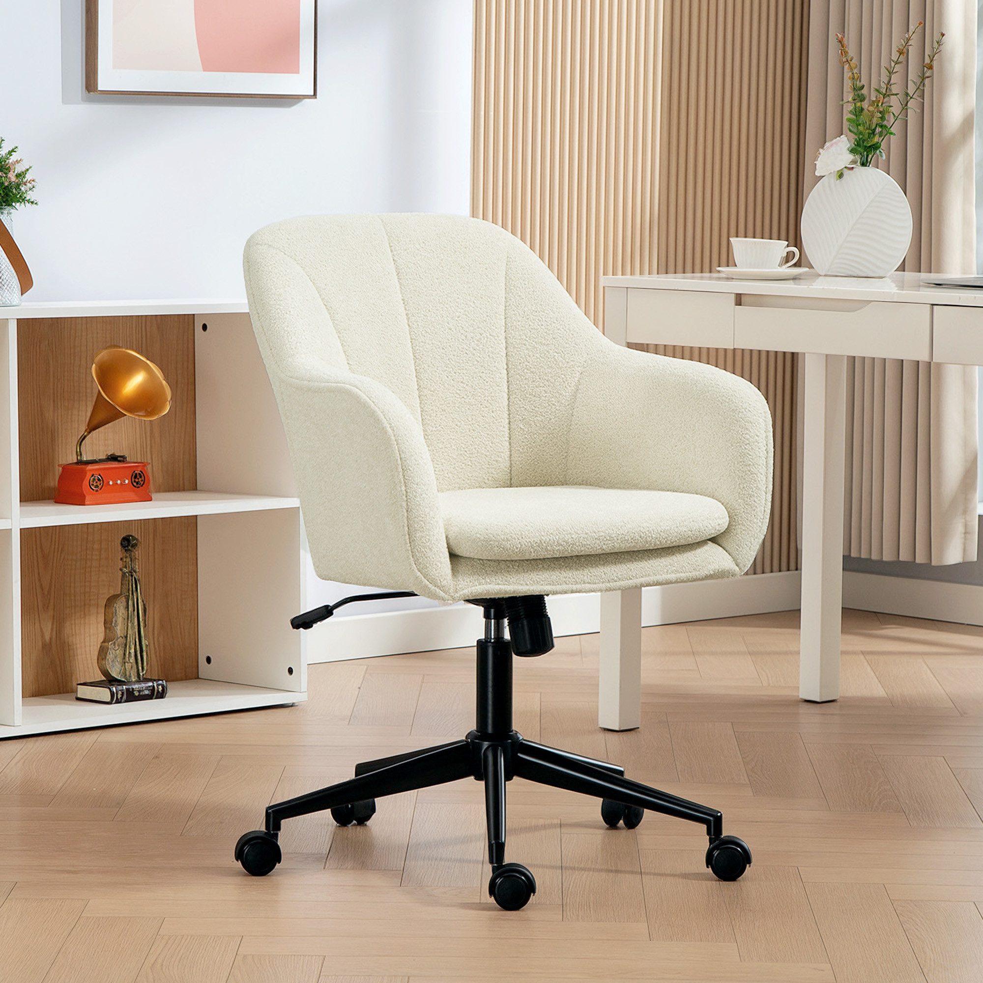 HOMCOM Bürostuhl Schreibtischstuhl Stuhl mit Schneeflanelloptik Höhenverstellbar (Drehstuhl, 1 St), für Schlafzimmer, Arbeitszimmer, Beige