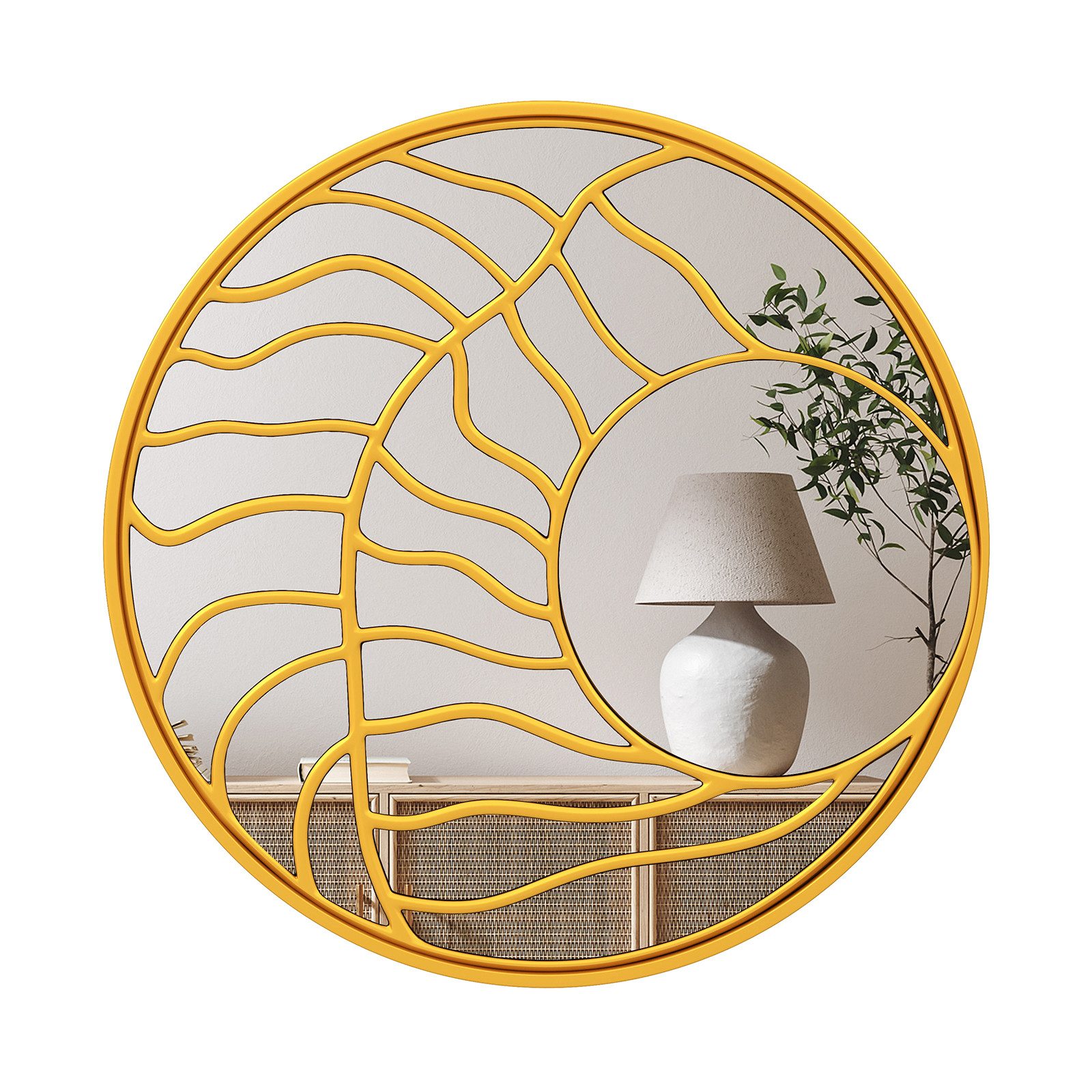 COSTWAY Dekospiegel, 80 cm großer runder Wandspiegel, Goldener