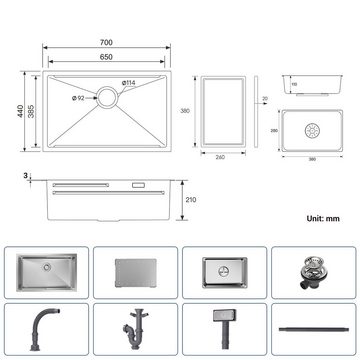 CECIPA Küchenspüle Edelstahlspüle 70*44CM Unterbauwaschbecken gebürstete+, Rechteck, 70/44 cm, ausziehbarer Küchenarmatur, 40.4cm Küchenarmatur