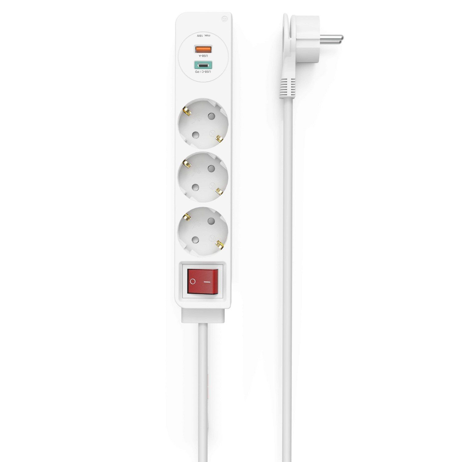 Hama Mehrfachstecker 3-Fach mit 2x USB-C USB Weiß Mehrfachsteckdose (Berührungsschutz), Steckdosenleiste mit Schalter Mehrfachsteckdose Steckerleiste 1,4m