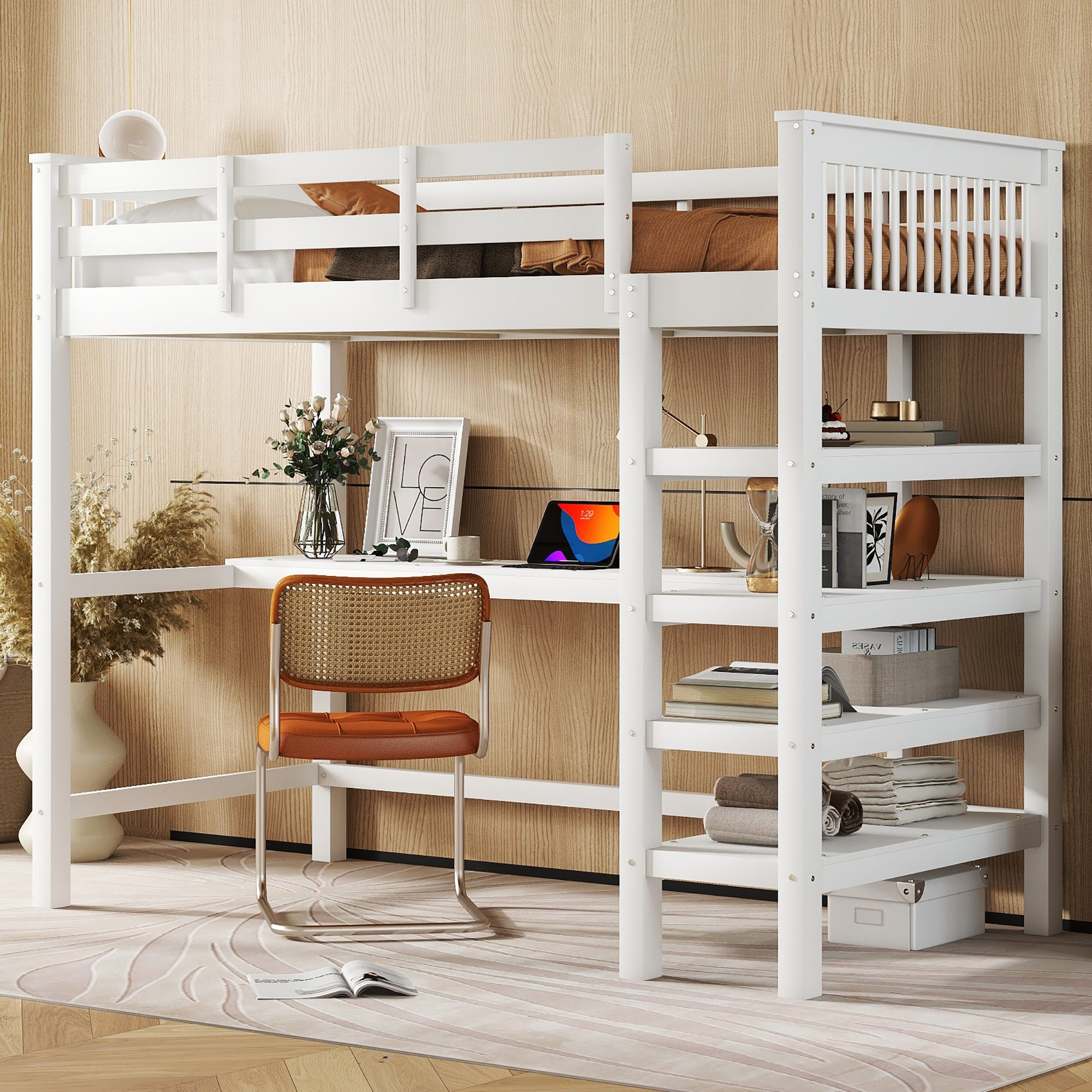 Merax Hochbett mit Schreibtisch und Bücherregal Etagenbett 90x200 cm mit Tr günstig online kaufen