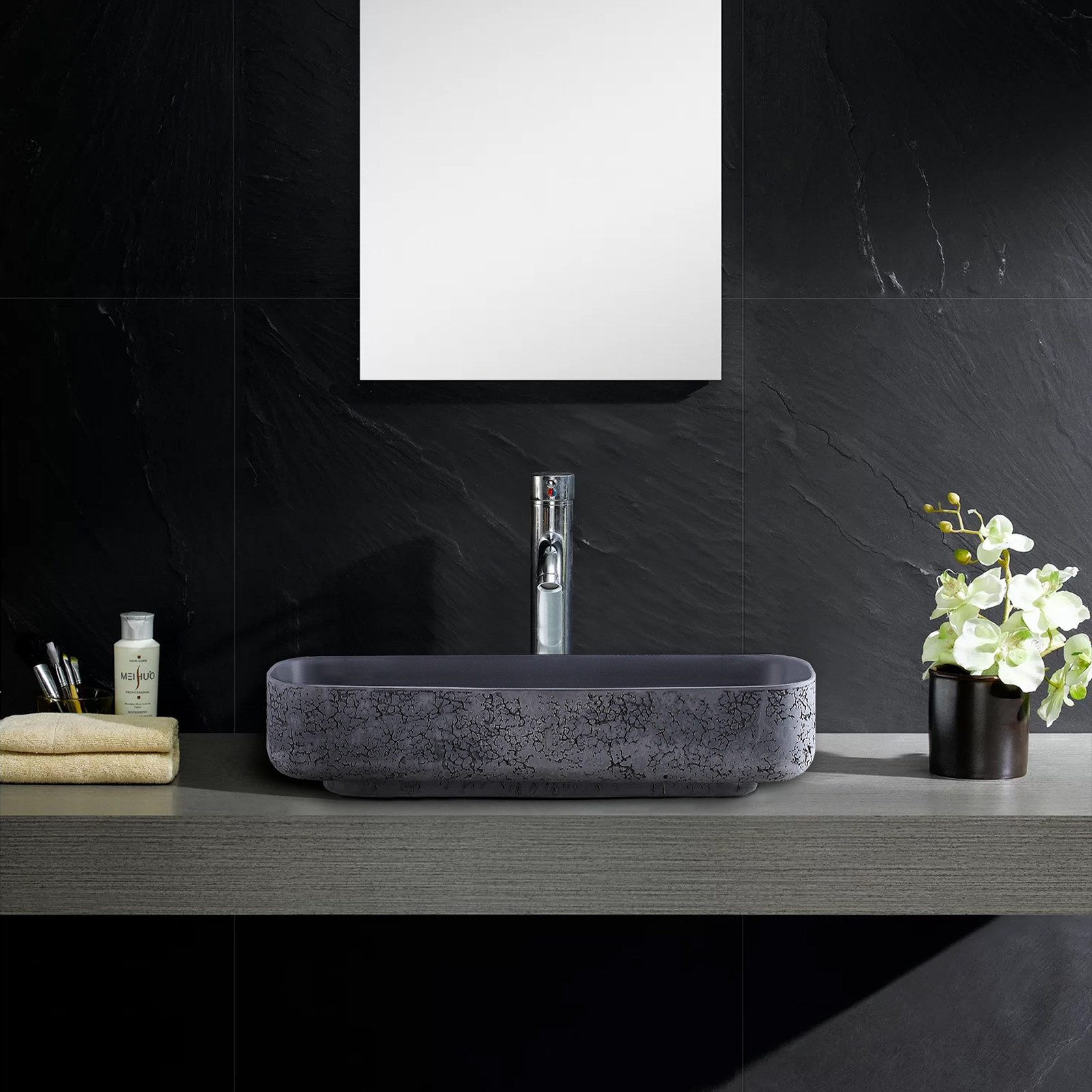 Bernstein Aufsatzwaschbecken NT2524 50cm Beton-Optik matt, Aufsatzwaschbecken eckig Beton-Optik strukturiert ohne Ablauf